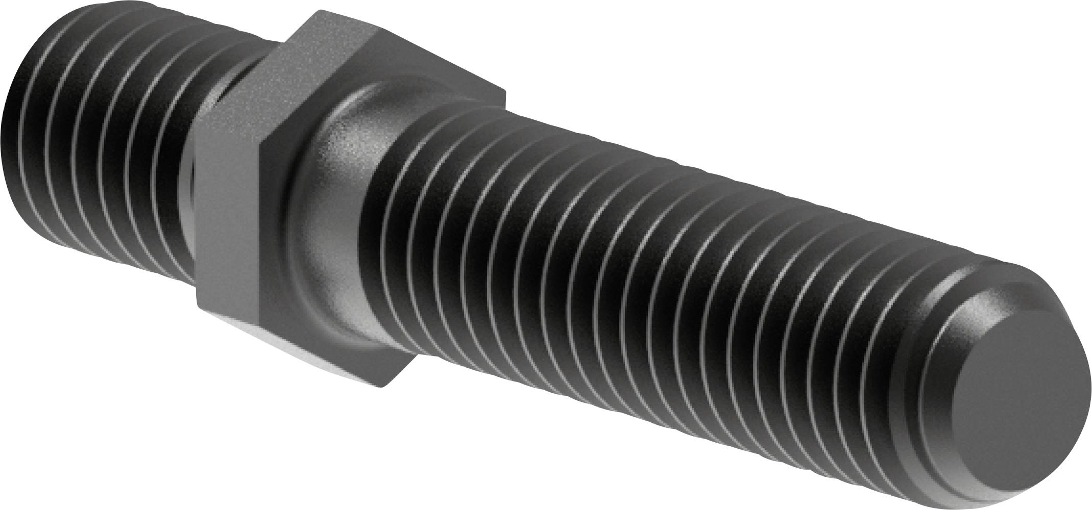 Schwarzer Gewindestift mit sechskantige Mutter in der Mitte, isoliert auf weißem Hintergrund dargestellt.