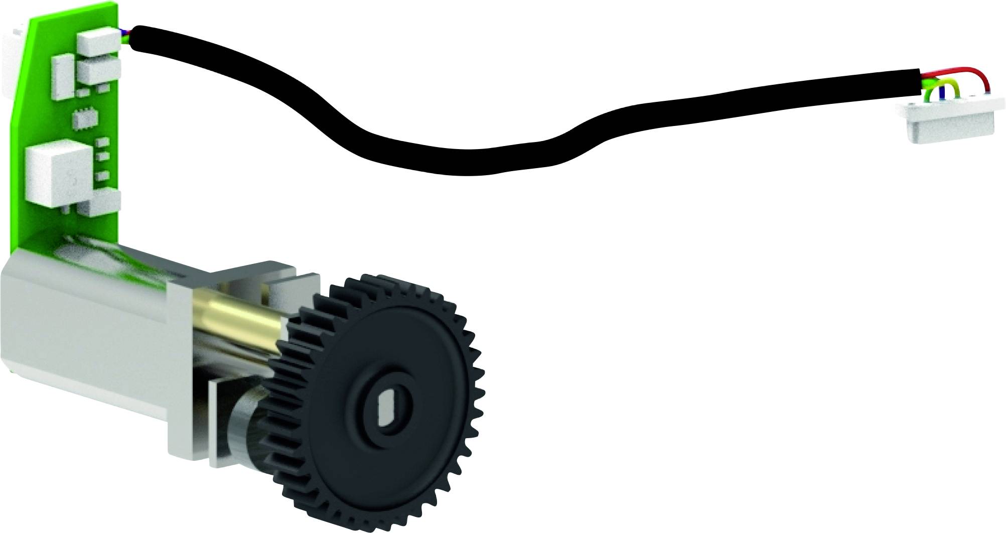 3D-Darstellung einer motorisierten Getriebeeinheit mit einer grünen Leiterplatte und einem schwarzen Kabel, das zu einem kleinen Stecker führt.