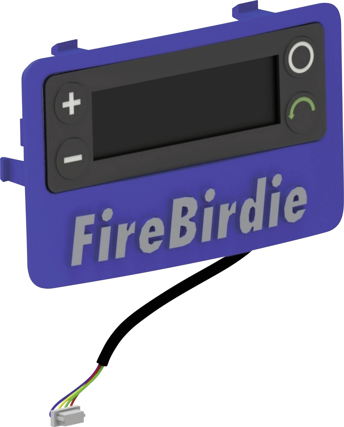 Blue FireBirdie elektronisches Modul mit kleinem Display und Plus-/Minus-Bedienelementen, verbunden mit einem mehrfarbigen Kabelbaum.