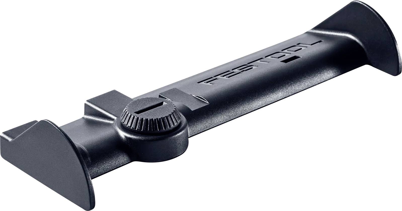 Schwarze verstellbare Heckflügel-Montagehalterung mit zwei Endplatten und einem zentralen Verriegelungsknopf.