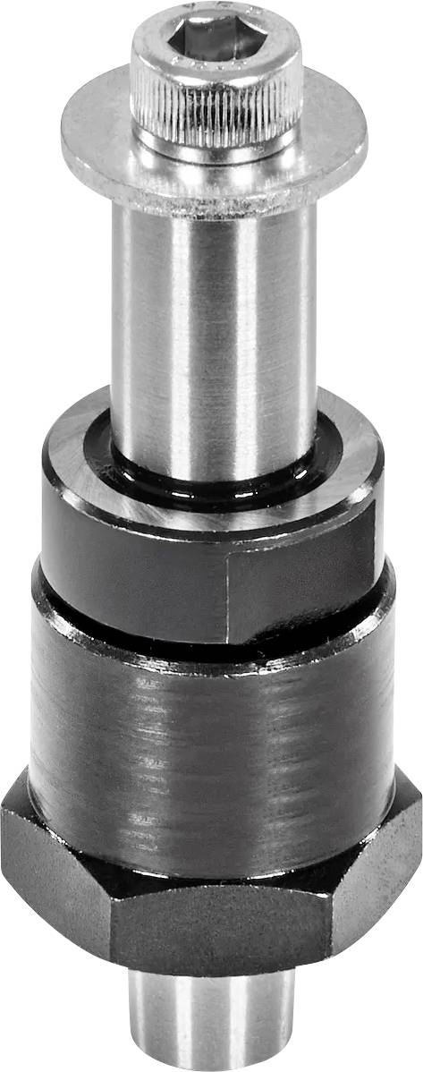 Nahaufnahme einer Metallgewindebefestigung oder eines Adapters mit sechskantiger Basis, zylindrischem Körper und oberer Stecköffnung auf weißem Hintergrund.