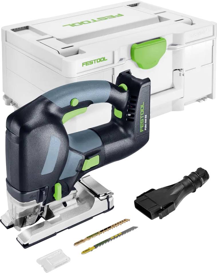 Ein Festool Akku-Stichsägen-Set mit Transportkoffer, Akku, Ladegerät und Sägeblättern auf weißem Hintergrund.