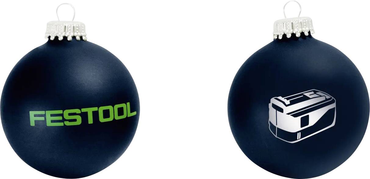 Zwei dunkelblau Christmas Kugeln mit weißen Kappen, eine bedruckt mit grünem „FESTOOL
