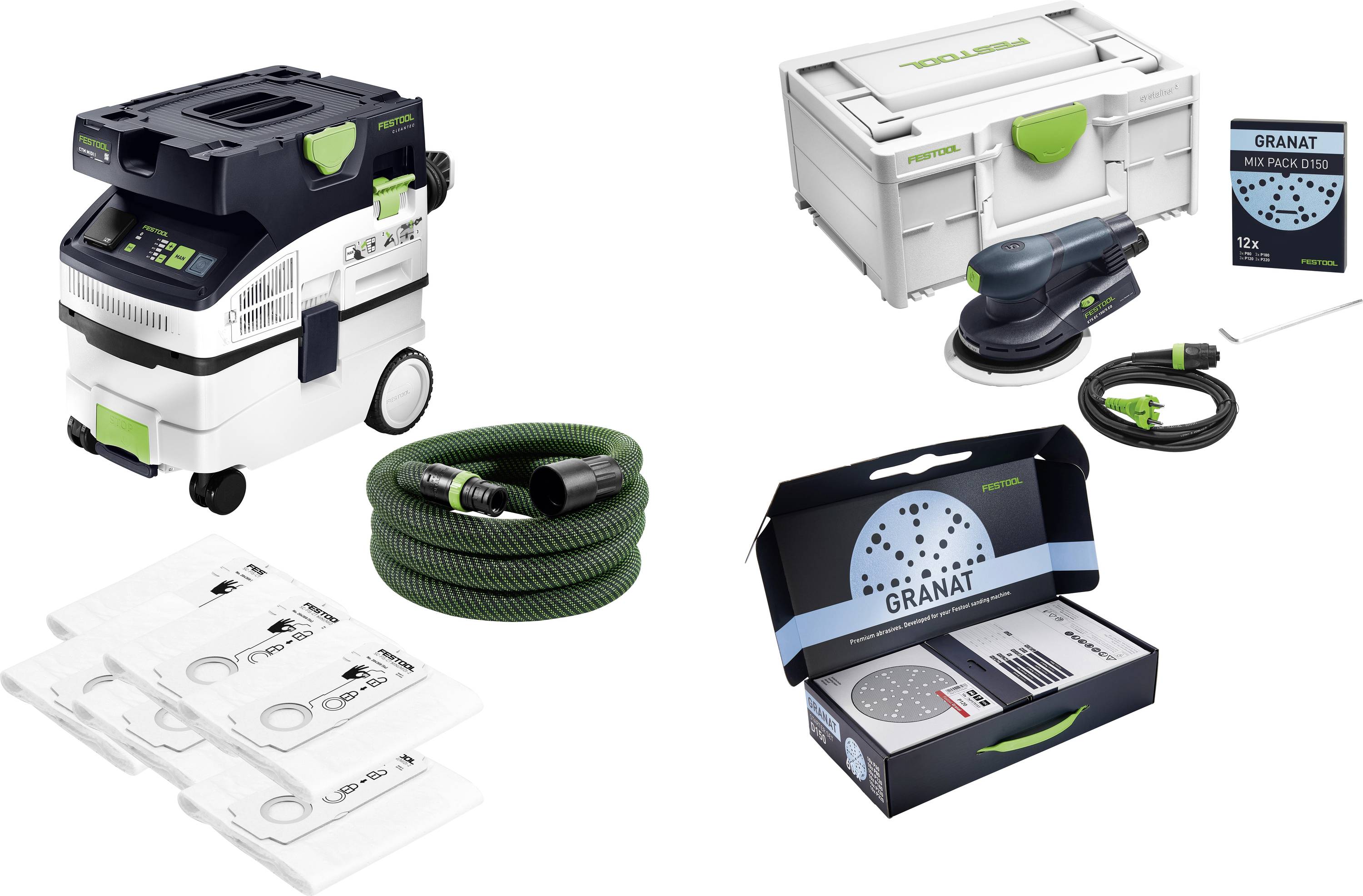 Sortiertes FESTOOL-Werkzeugsortiment und Zubehör: fahrbarer Staubsauger, grüner Schlauch, Schleifpapierbögen, Lagersystainer, Schleiffer und GRANAT-Schleifmittelpackung.