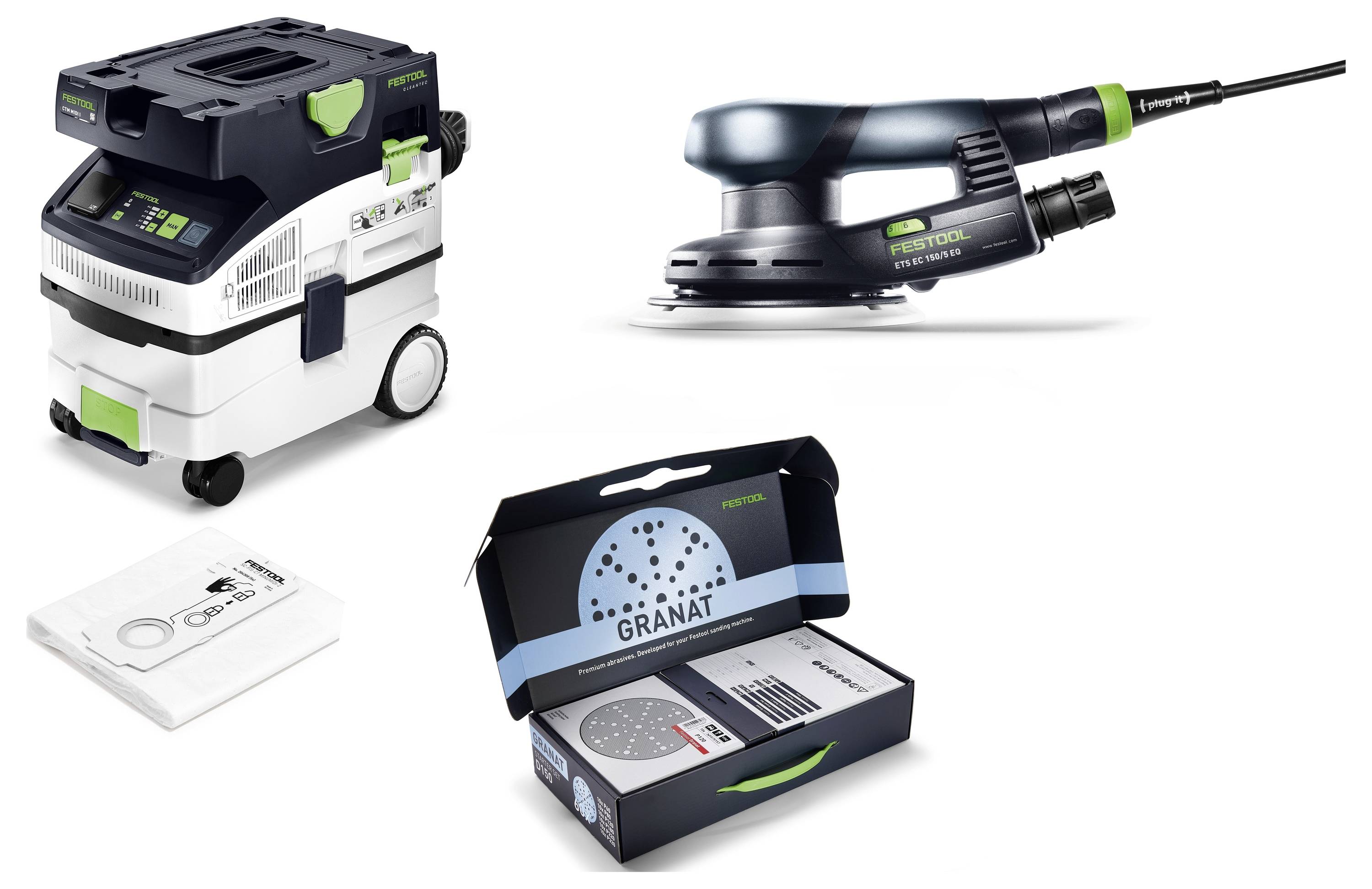 Produktmontage von Festool-Werkzeugen: ein Staubabsauger, ein Elektroschleiffer und ein GRANAT-Schleifmittelset auf weißem Hintergrund.