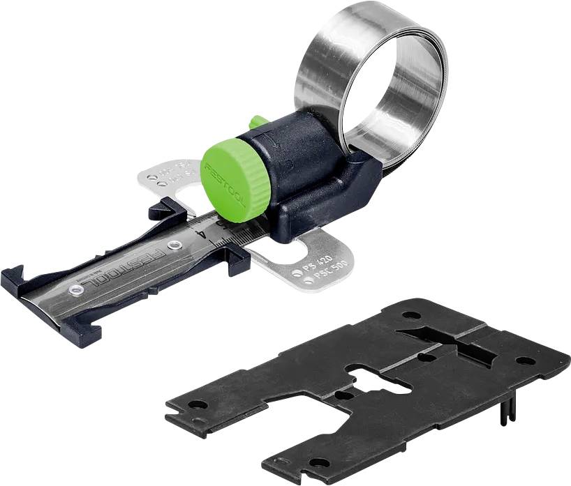 Nahaufnahme eines schwarzen und silbernen Metallmontagewerkzeugs mit einem grünen Knauf, gezeigt neben einer separaten flachen schwarzen Montageplatten auf weißem Hintergrund.