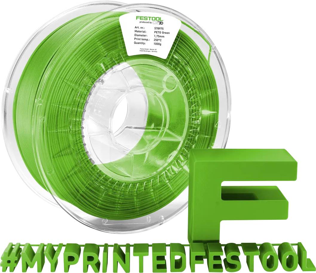 Grüne FESTOOL-3D-Druckfilamentspule mit passendem 3D-gedrucktem 