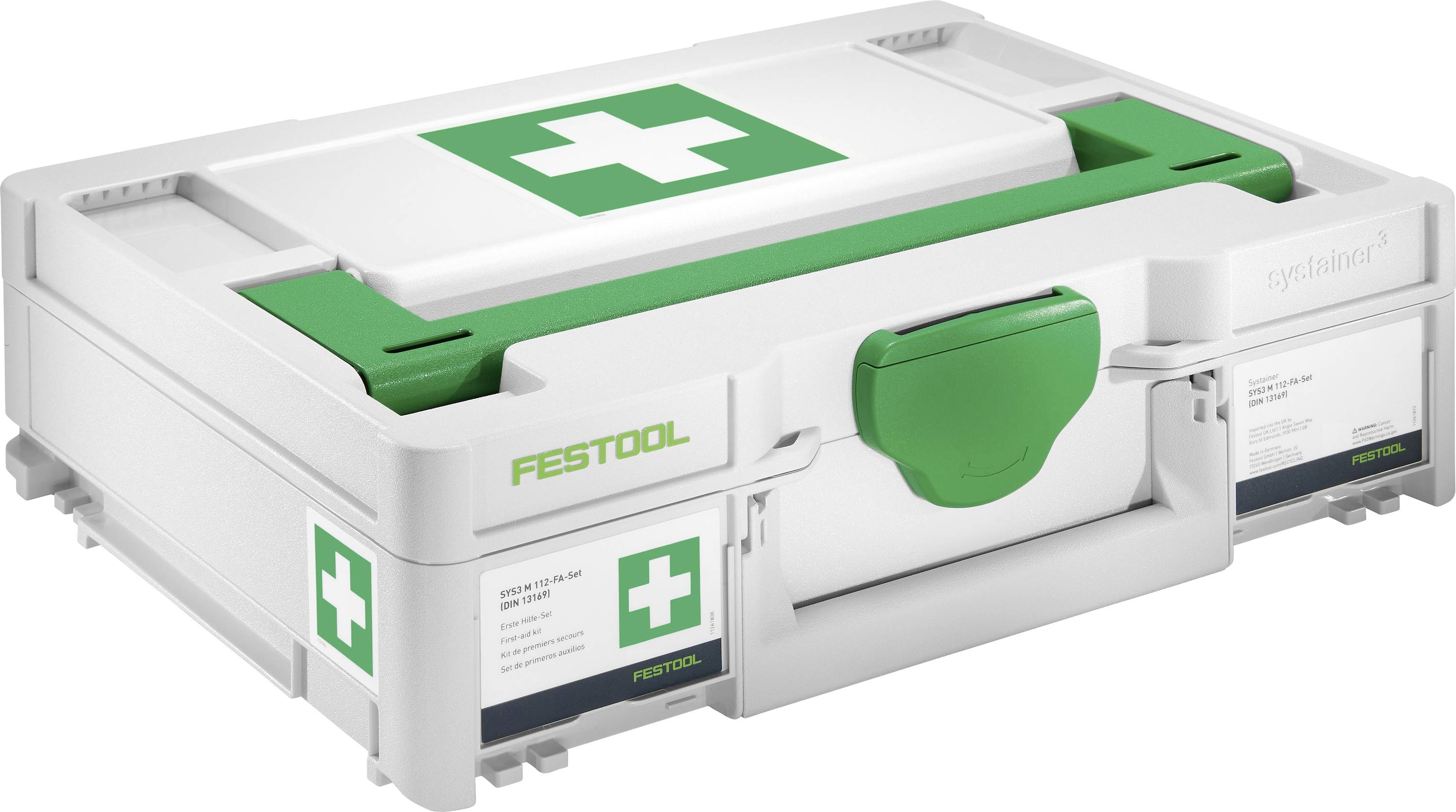 Weiß-grüner Festool Erste-Hilfe-Kasten mit medizinischen Kreuzsymbolen, geschlossen und tragbar dargestellt.