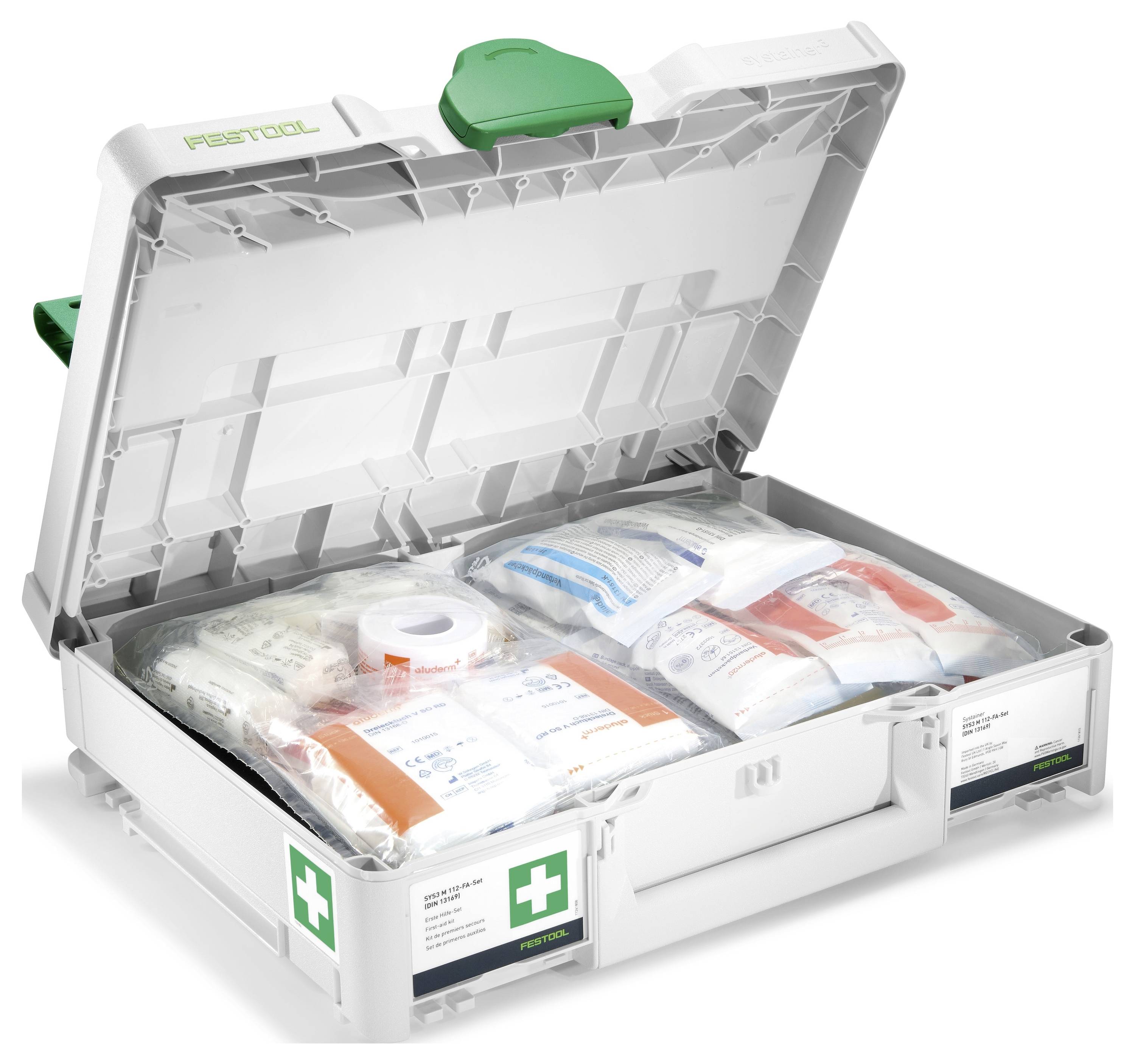 Öffnen Sie den Erste-Hilfe-Kasten mit organisierten medizinischen Materialien und Notfallsets in einer grauen Kunststoff-Aufbewahrungsbox.