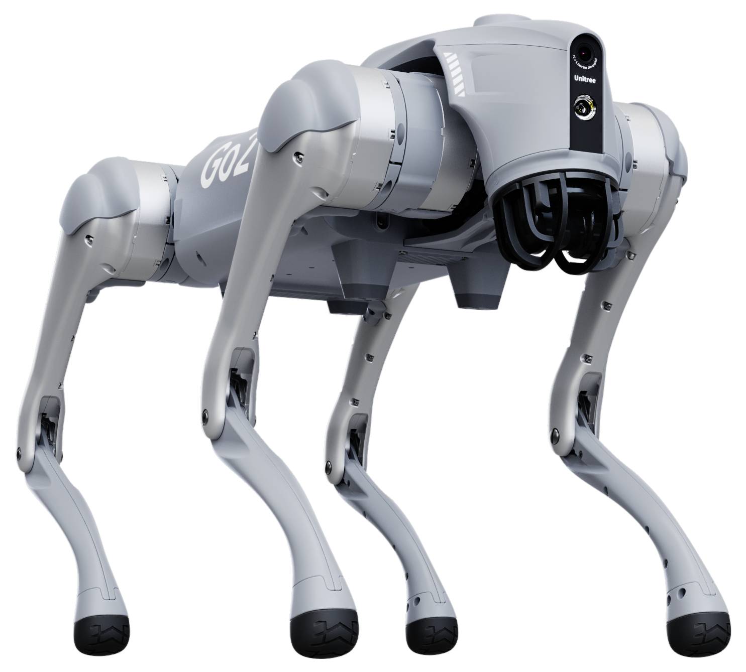 Vierbeiner Roboter-Hundeähnliche Maschine mit grauem Körper und schwarzen Sensoren, dargestellt vor weißem Hintergrund.
