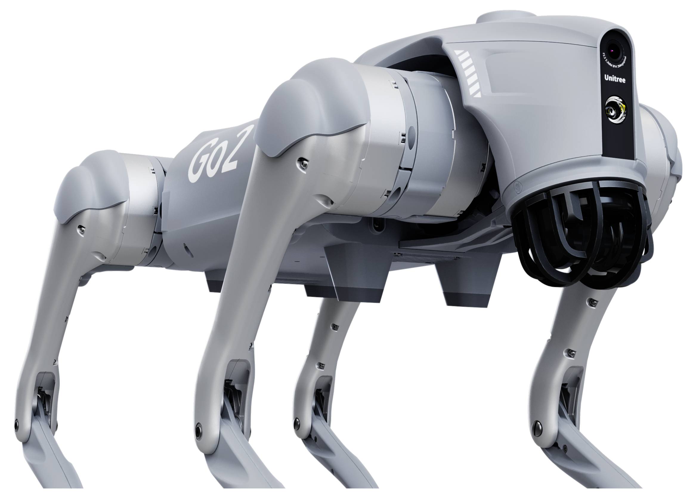 Ein grauer vierbeiniger Roboterhund mit der Bezeichnung „GO2