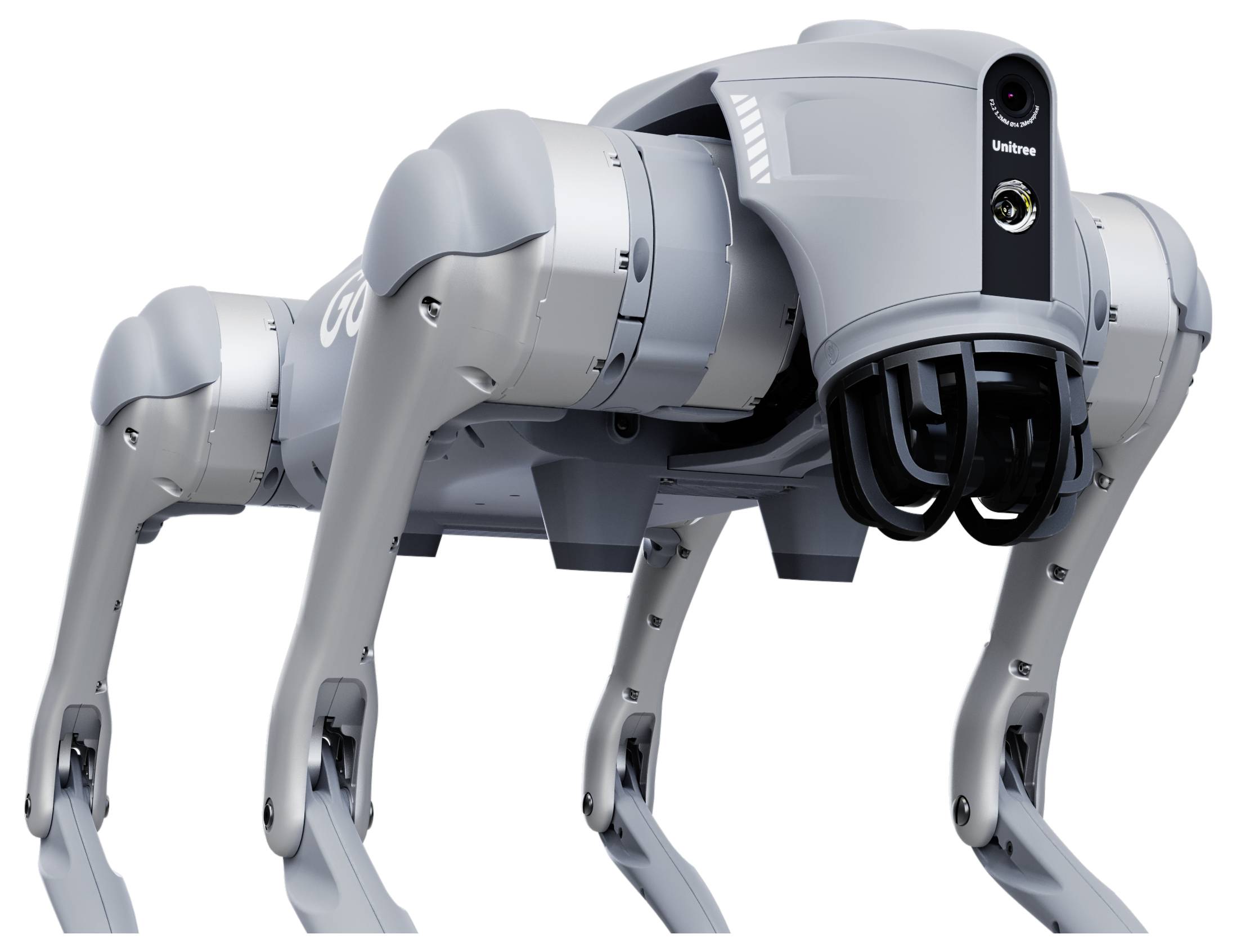 Vierbeiniger Roboterhund mit einem Kamerasensor an seinem vorderen Kopf, gezeigt in einer Seitenansicht auf einem einfachen Hintergrund.