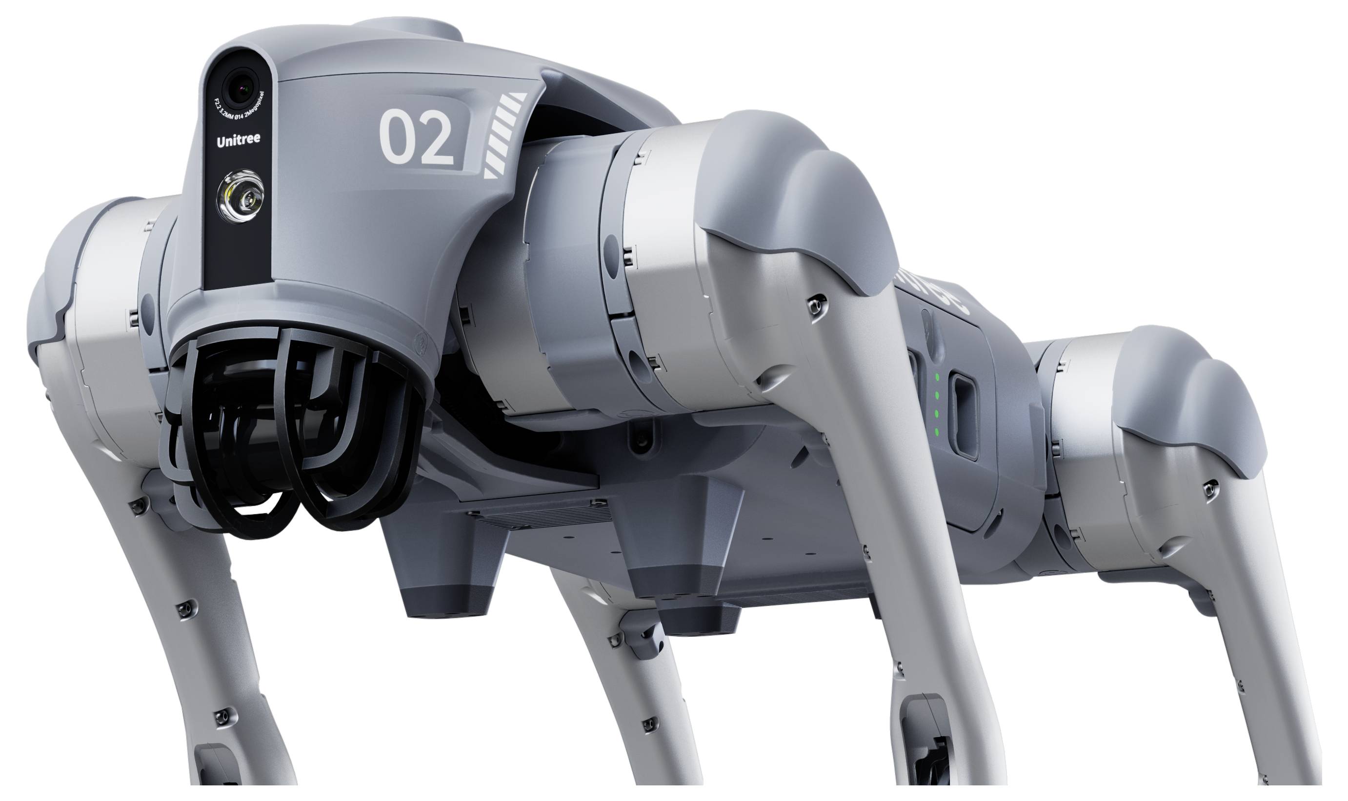 Vierbeiniger grauer Roboterhund mit der Nummer „02