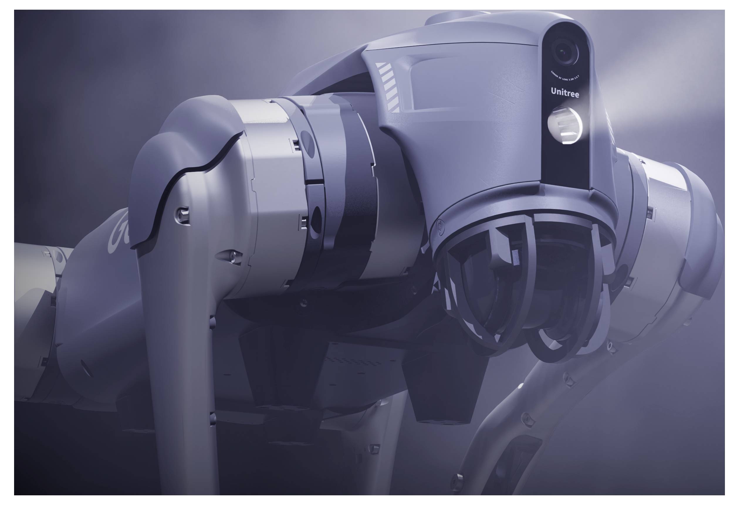 Nahaufnahme eines futuristischen Roboterarms und eines kopfähnlichen Mechanismus in einer rauchigen, düsteren Industrieumgebung.