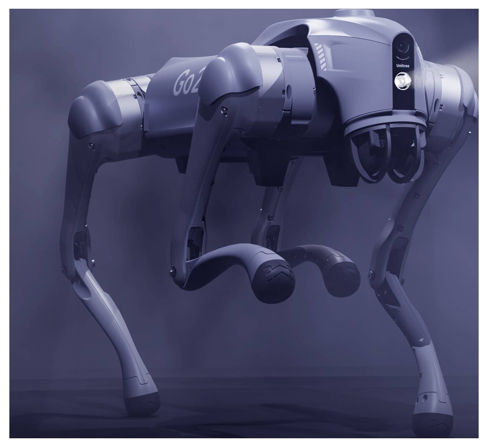 Ein futuristischer vierbeiniger Roboterhund mit der Bezeichnung „GO2