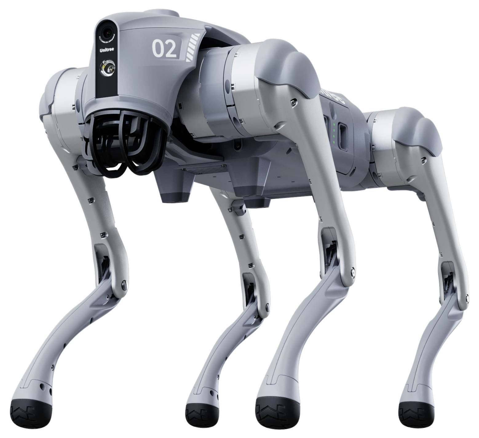 Vierbeiniger grauer Roboter-Hund mit Sensoren, mit der Bezeichnung '02', stehend auf weißem Hintergrund.