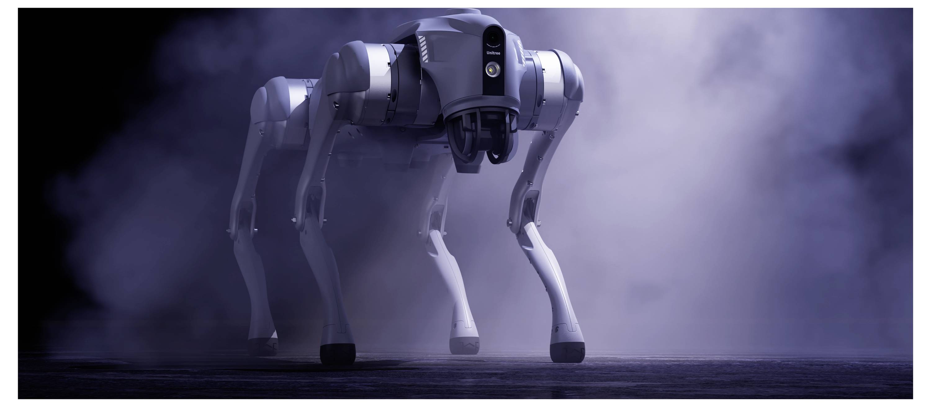 Vierbeiniger Roboterhund steht in einer rauchigen, dunklen Szene, blickt nach vorne mit einem glatten metallischen Körper und gelenkigen Beinen.