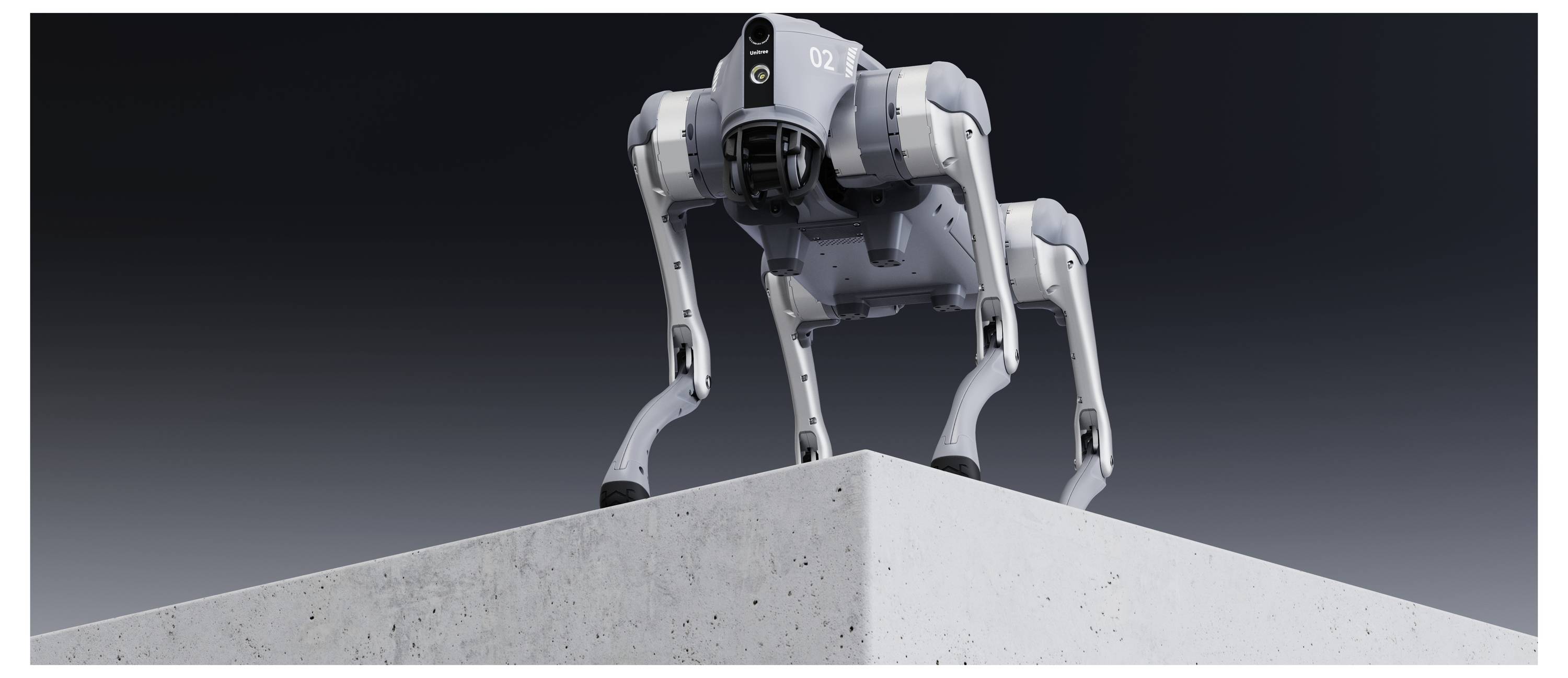 Futuristischer vierbeiniger Roboter auf einem Betonsims stehend, von unten betrachtet vor einem dunklen Farbverlaufshintergrund.