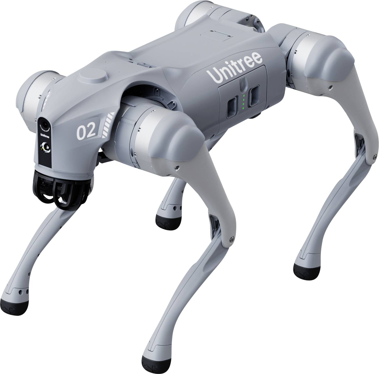 Grauer Unitree-Quadruped-Roboterhund mit vier Beinen und sichtbarem 