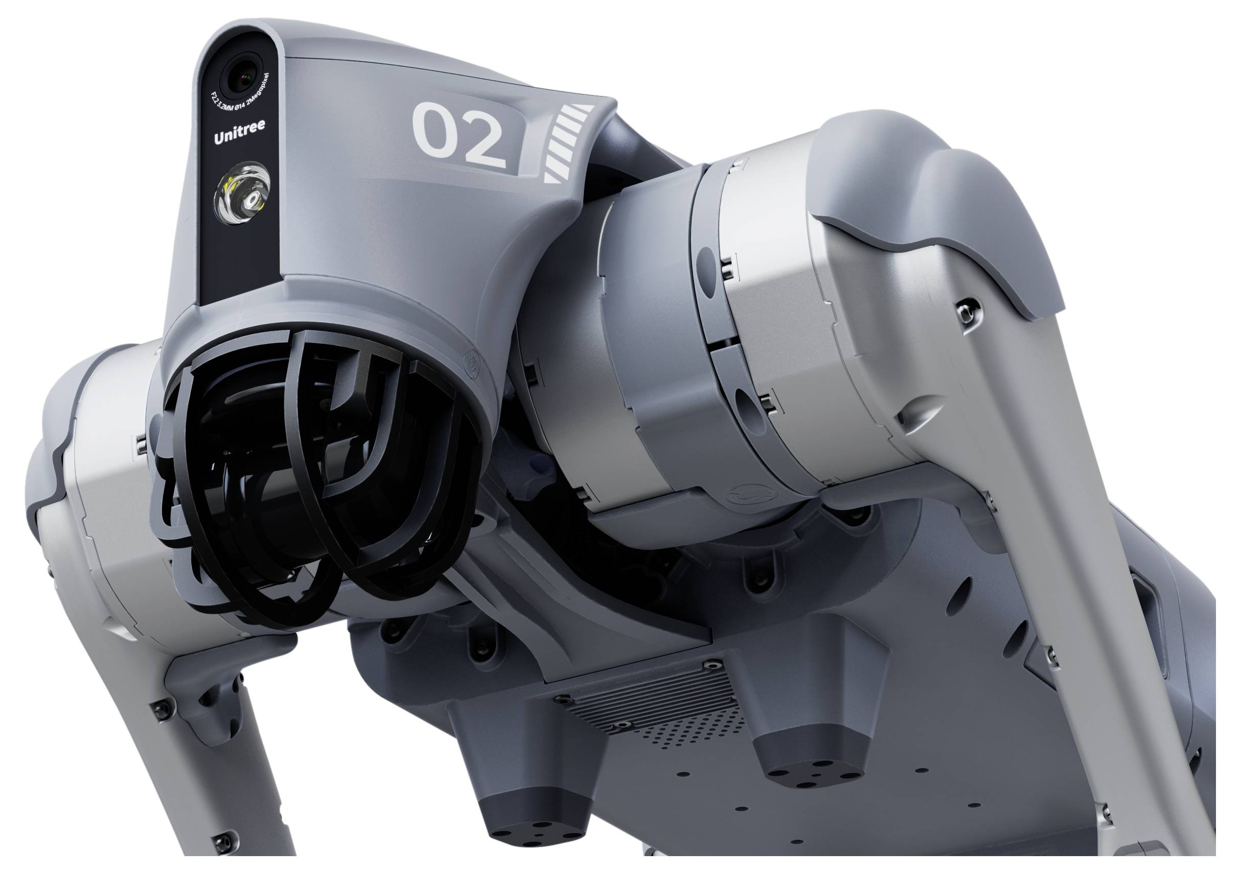 Nahaufnahme eines grauen Roboterhundes oder vierbeinigen Roboters mit Kopf, Sensoren und mechanischen Gelenken, beschriftet mit „02