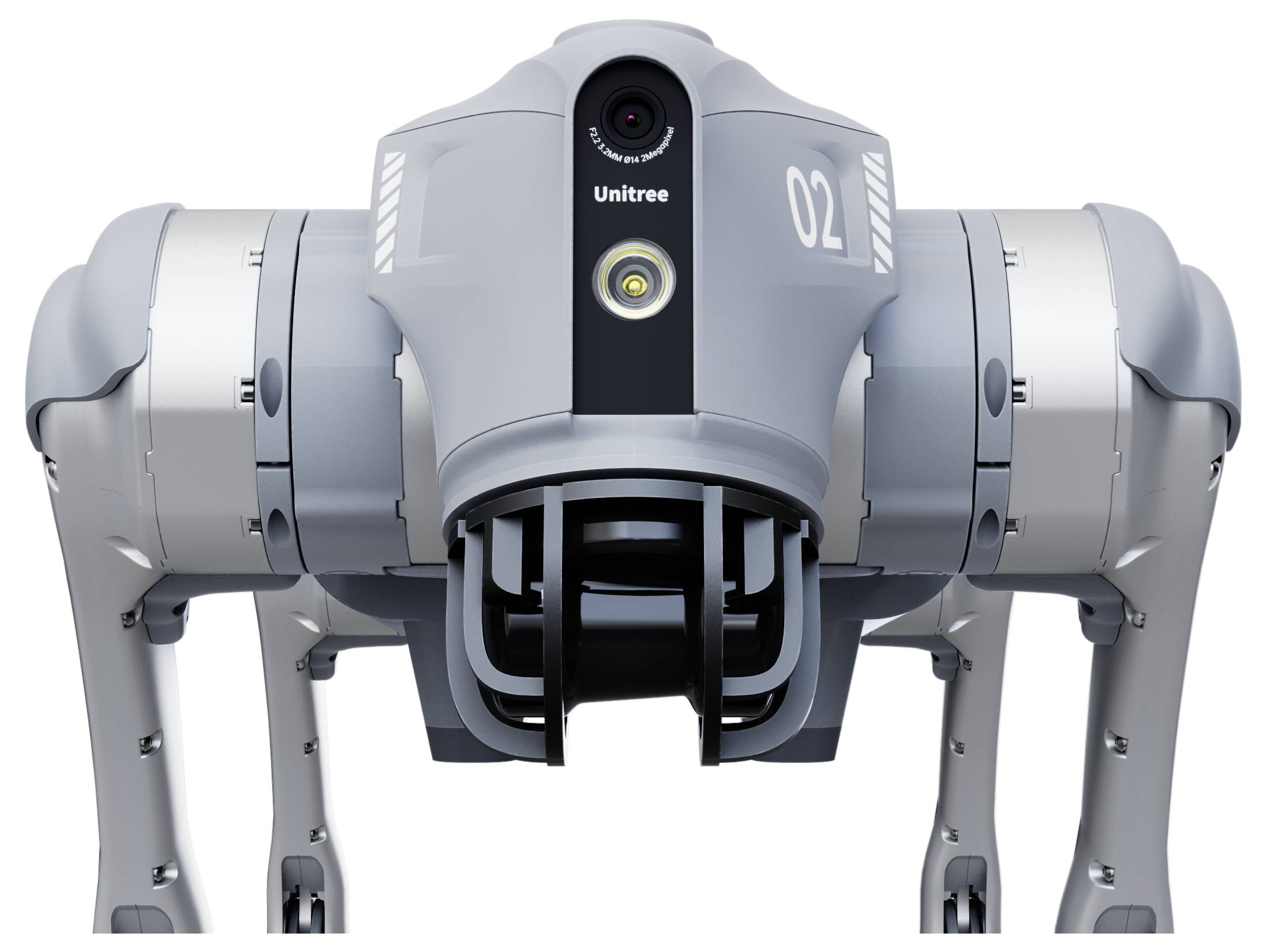 Frontalansicht eines grauen Unitree-Roboterhundes mit Kamerasensoren und der Nummer „02