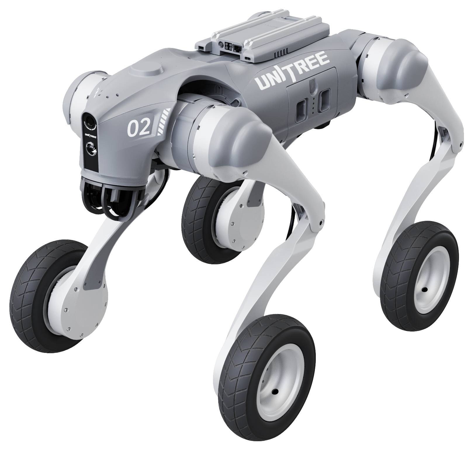 Grauer Unitree-Quadruped-Roboter mit vier Rädern an den Beinen, gekennzeichnet mit '02', in der Profilansicht auf weißem Hintergrund.