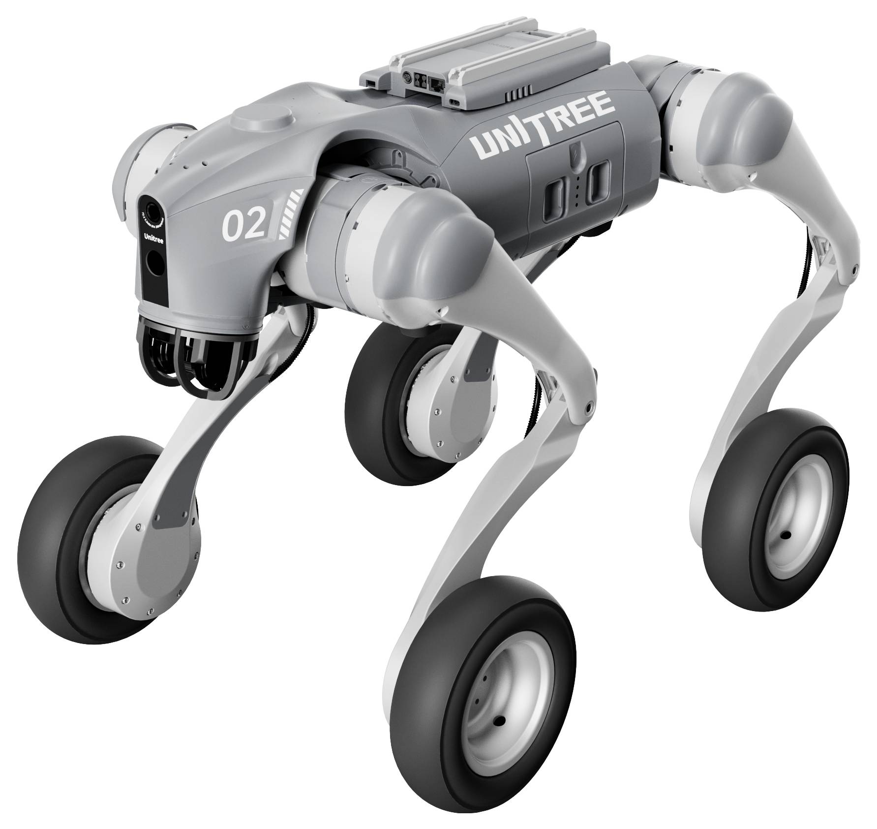 Vierbeiniger UNITREE-Roboter mit Rädern an den Füßen, in einer Seitenansicht auf weißem Hintergrund dargestellt.