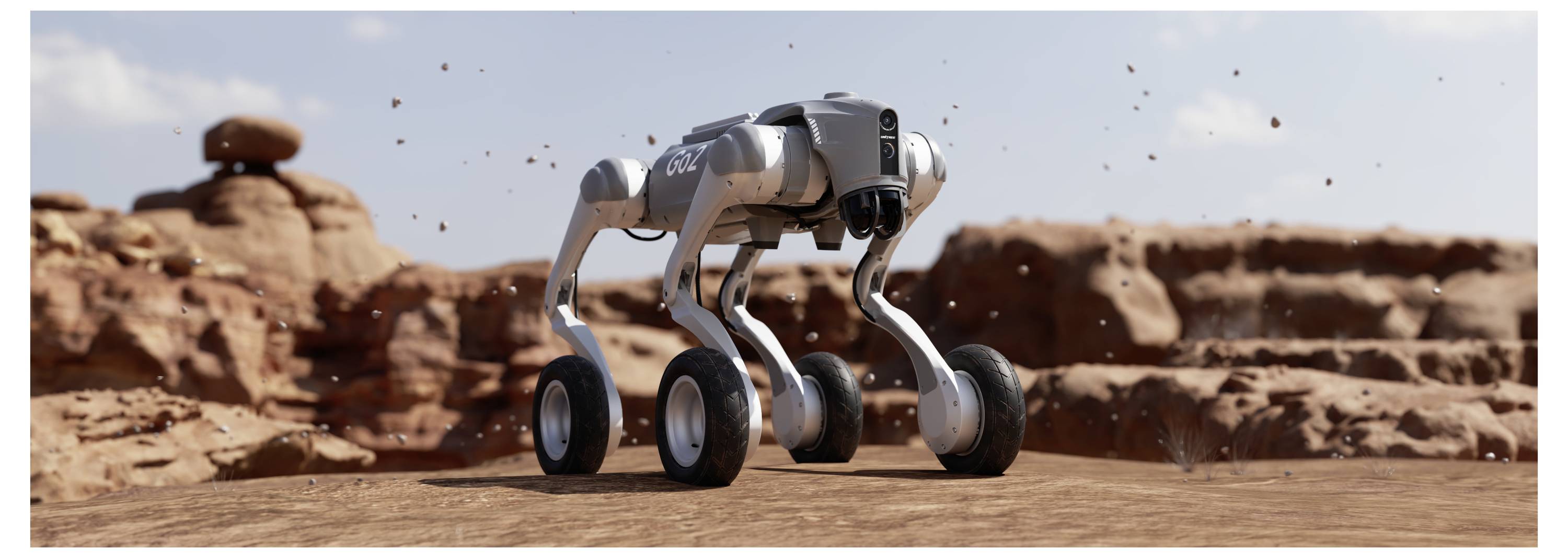 Vierbeineiger Roboter-Rover, der über eine felsige Wüstenlandschaft läuft