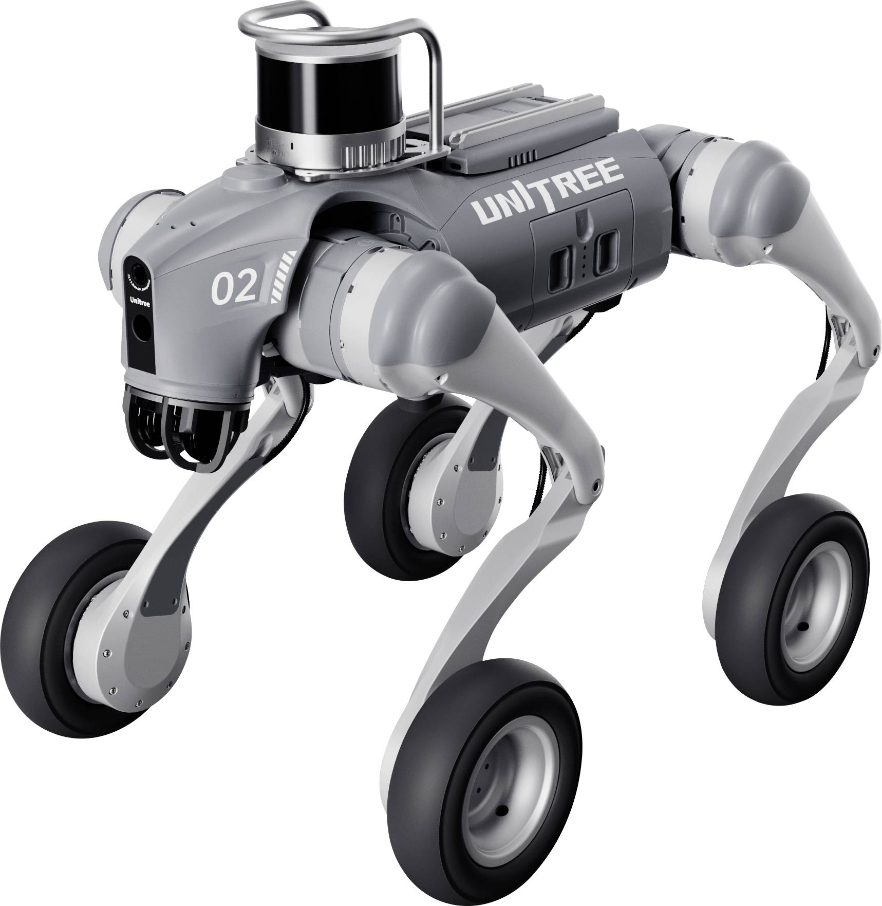 Vierbeiniger Unitree-Roboter mit Rädern an jedem Bein, in Seitenansicht auf weißem Hintergrund gezeigt, beschriftet mit 