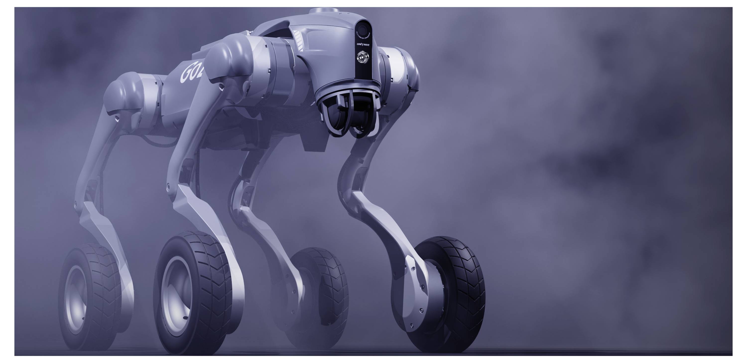 Vier-beiniges robotisches Fahrzeug mit großen Rädern, das sich durch eine verrauchte, futuristische Umgebung bewegt.