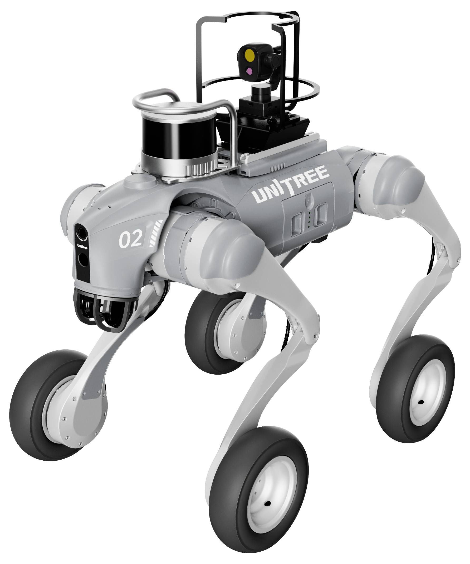 Vierbeiniger UNITREE-Roboter mit Rädern an jedem Bein, gezeigt in einer Studio-Stil-Produktdarstellung auf weißem Hintergrund.