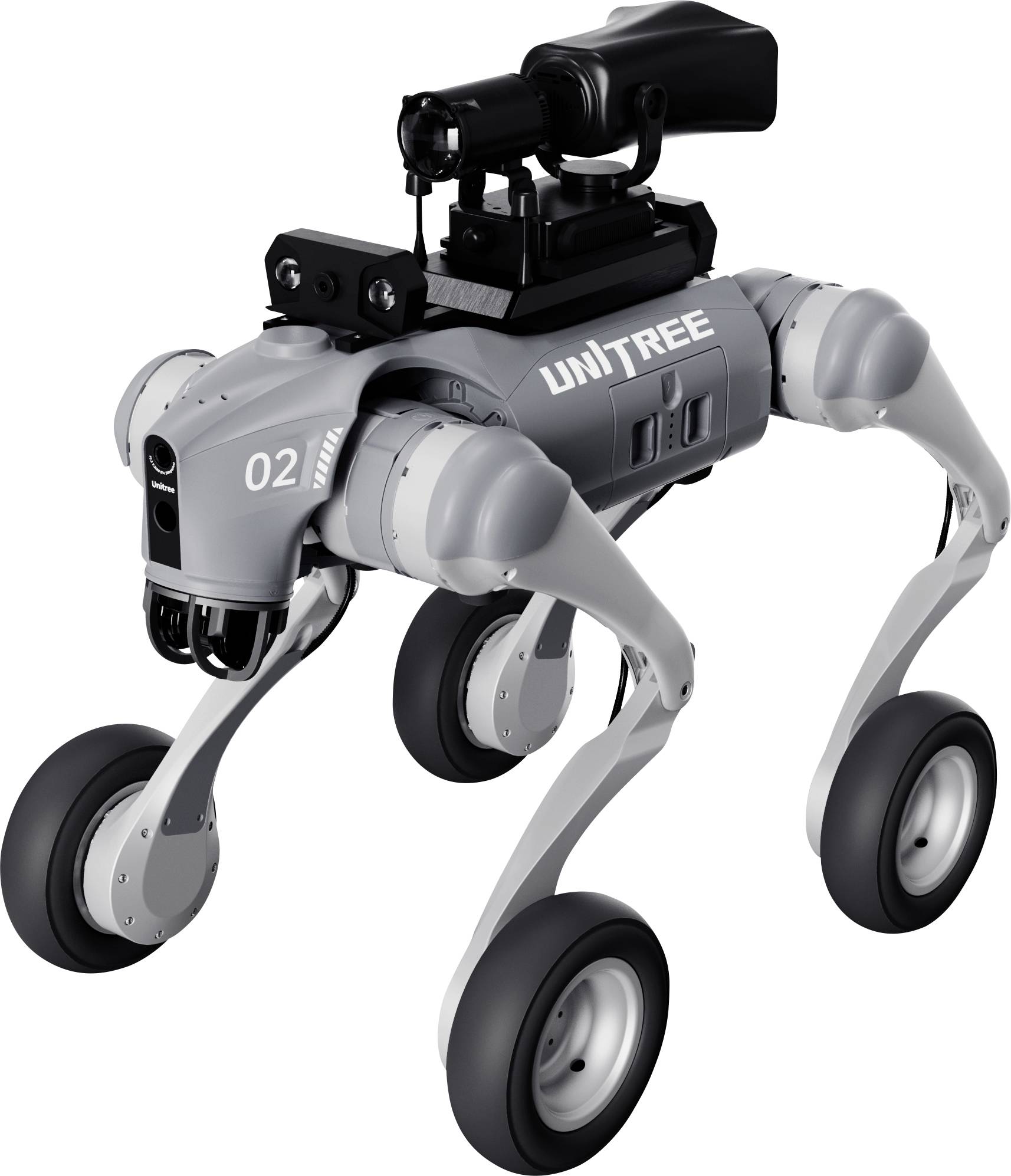 Ein vierbeiniger Unitree-Roboter mit Rädern an jedem Bein und einer auf der Oberseite montierten Kamera/einem Sensor, dargestellt auf weißem Hintergrund.