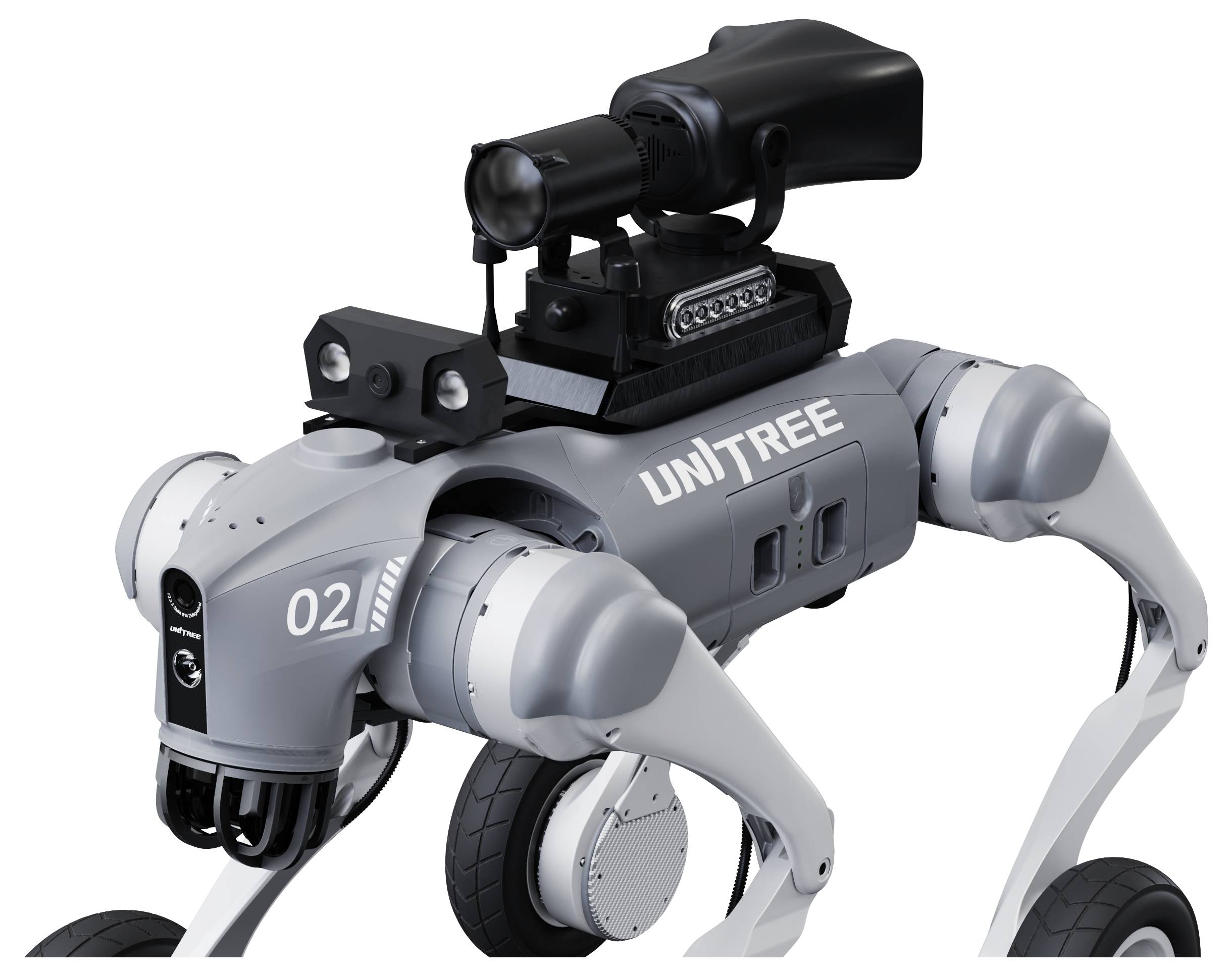 Quadrupedal Roboterhund mit grauem Körper, beschriftet mit 