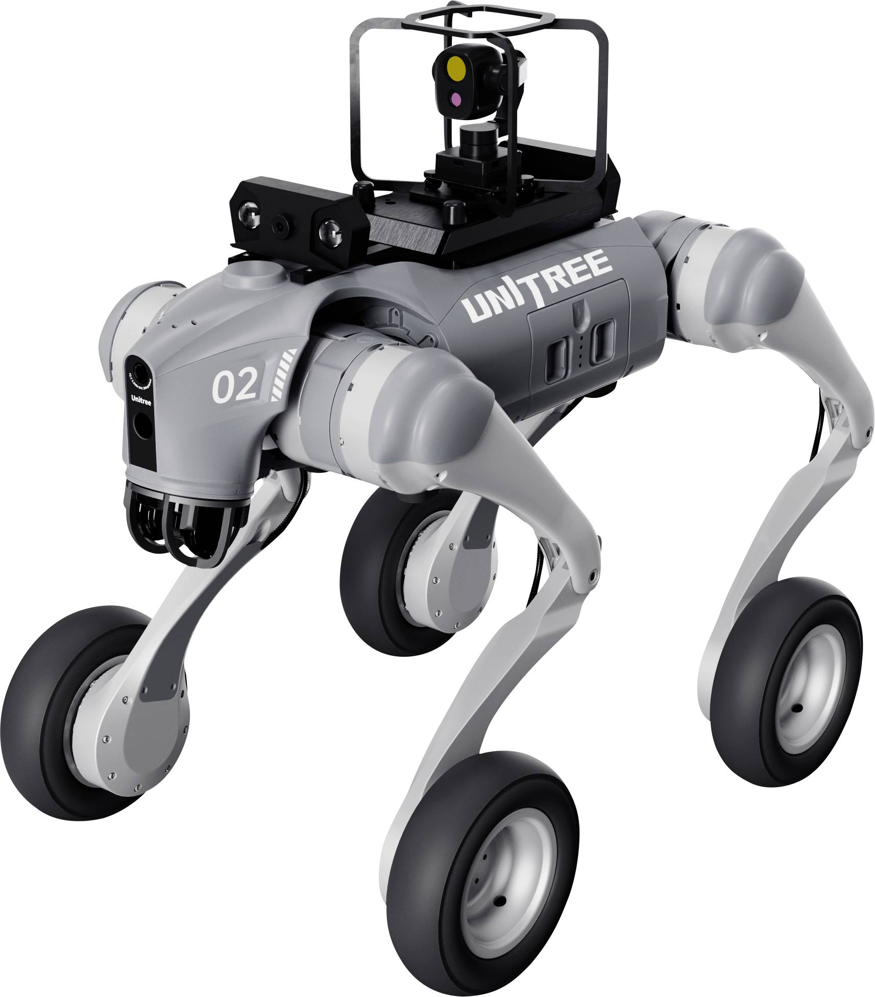 Ein grauer vierbeiniger Unitree-Roboter mit Rädern an jedem Bein, mit der Bezeichnung „02