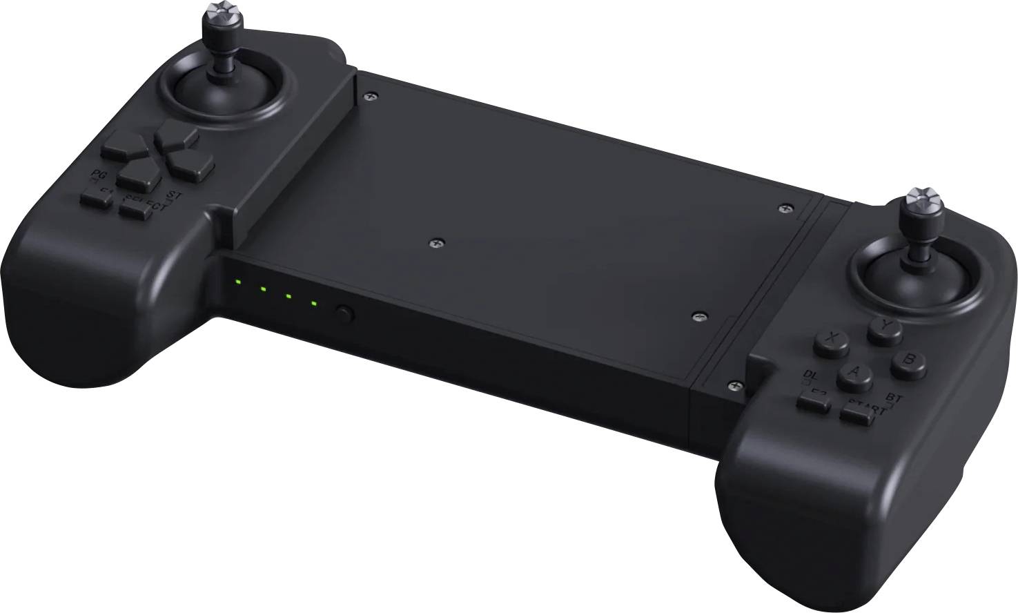 Schwarzer tragbarer Spiele-Controller mit zwei Joysticks und Tasten auf beiden Seiten, isoliert auf weißem Hintergrund dargestellt.