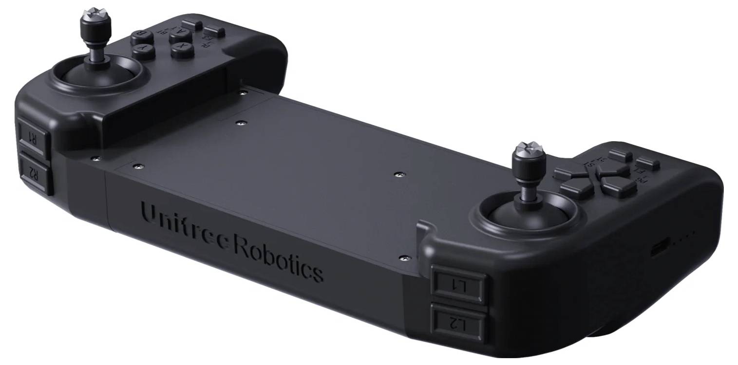 Black Unitee Robotics Fernbedienung mit zwei Joysticks und mehreren Tasten, gezeigt auf weißem Hintergrund.