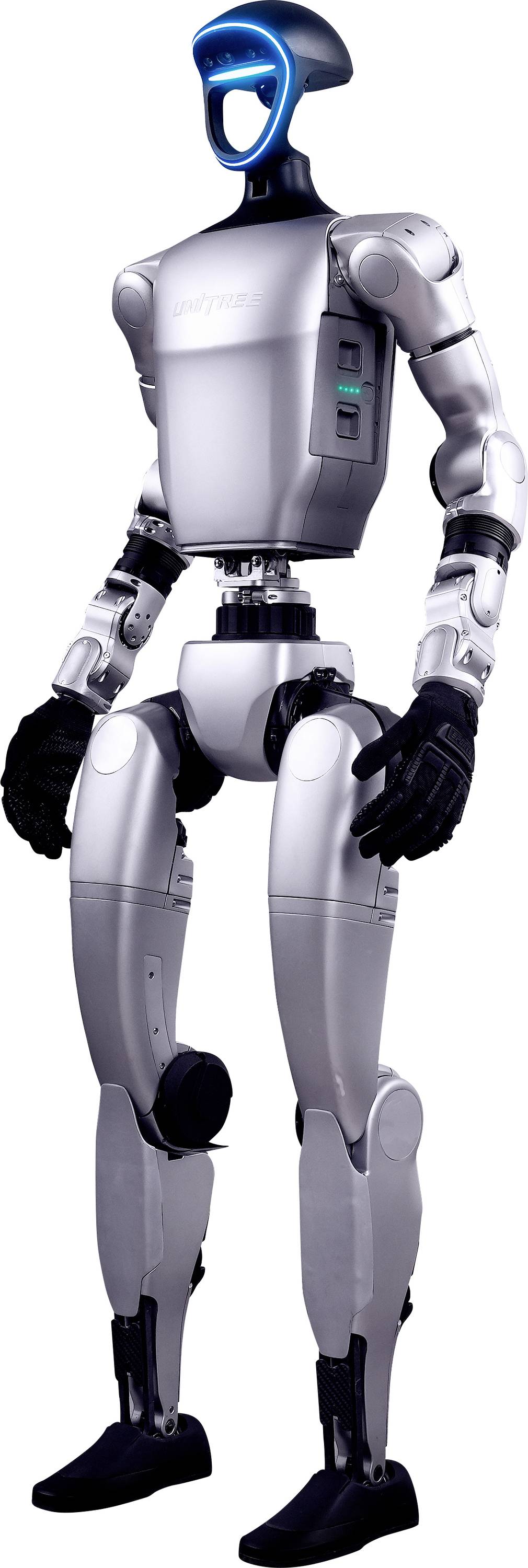 Humanoid Roboter mit vollem Körper, silberner Körper, schwarze Gelenke und Handschuhe sowie ein blau beleuchtetes Gesichtsvisier, das vor einem einfachen weißen Hintergrund steht.