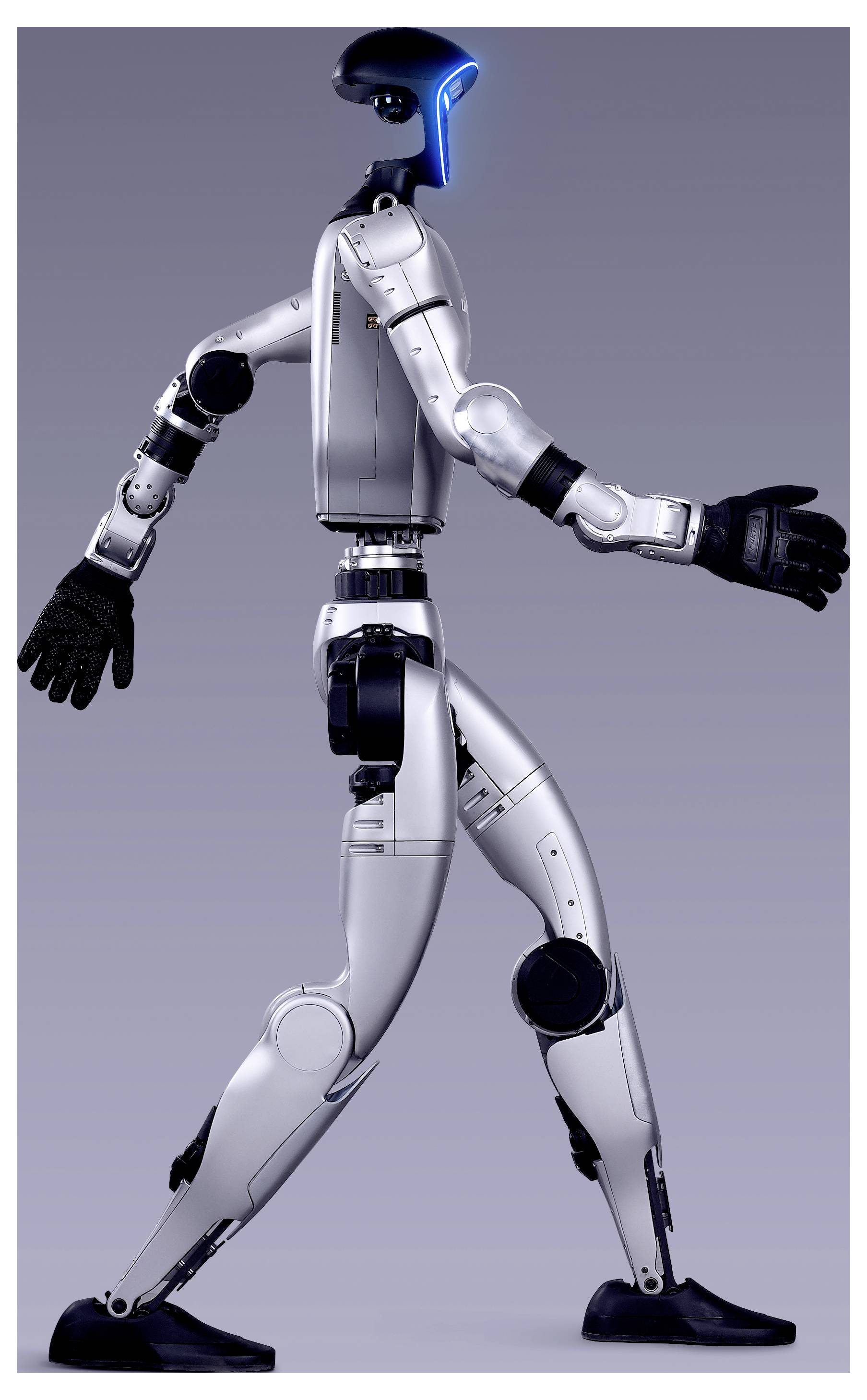 Humanoider Roboter, der sich von der Seite auf einem einfachen grauen Hintergrund bewegt, mit schlankem weißem Körper, schwarzen Gelenken und blau beleuchtetem Kopfvisier.