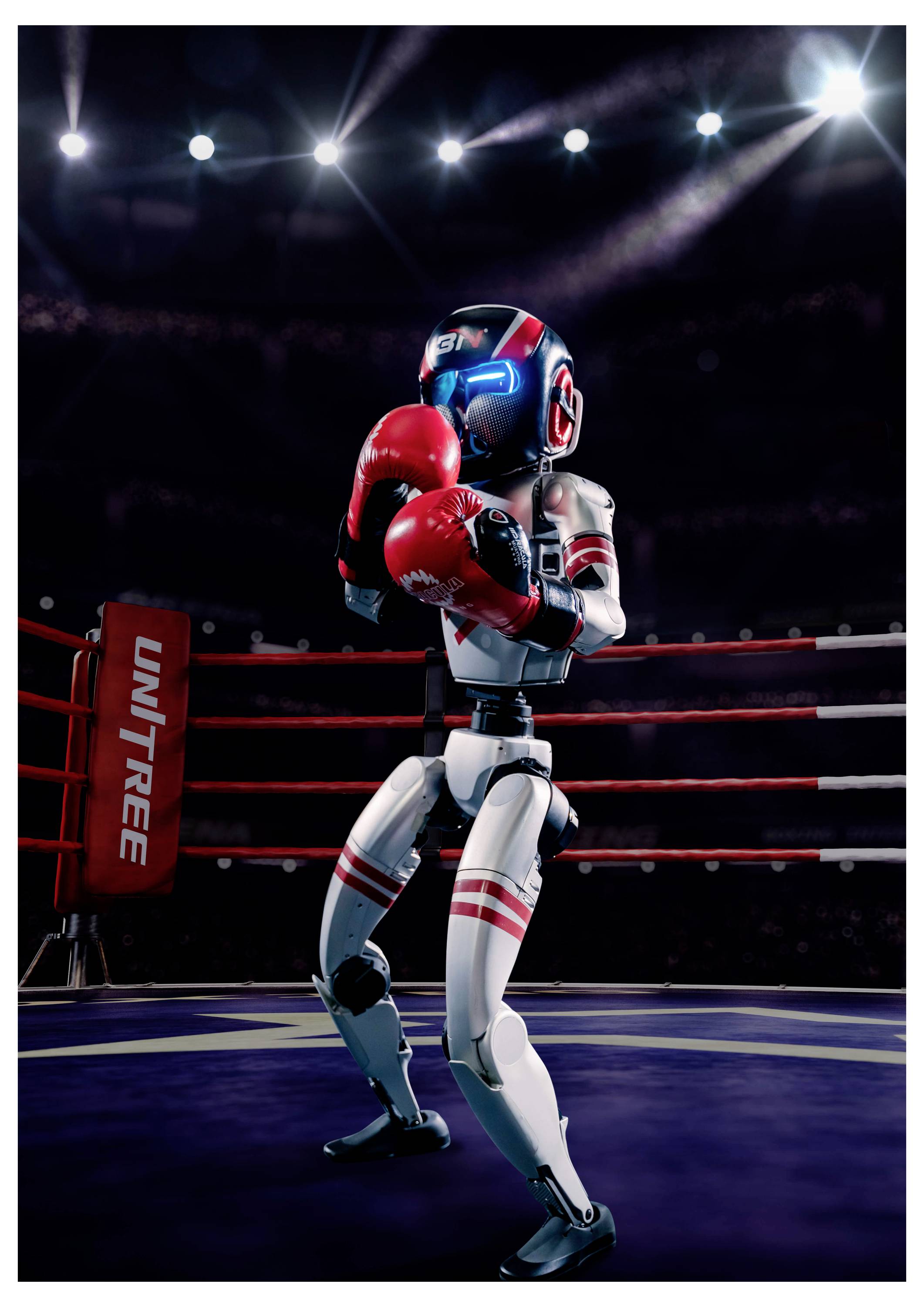 Humanoider Roboterboxer mit roten Handschuhen steht in einem Boxring unter hellen Arenalichtern, bereit zum Kampf.