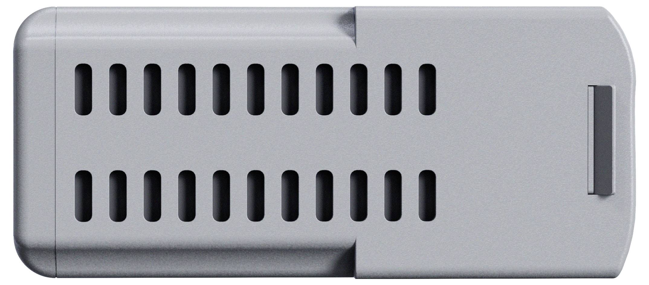 Graues rechteckiges elektronisches Gerät mit Belüftungsschlitzen und einer kleinen seitlichen Verriegelung, auf weißem Hintergrund dargestellt.