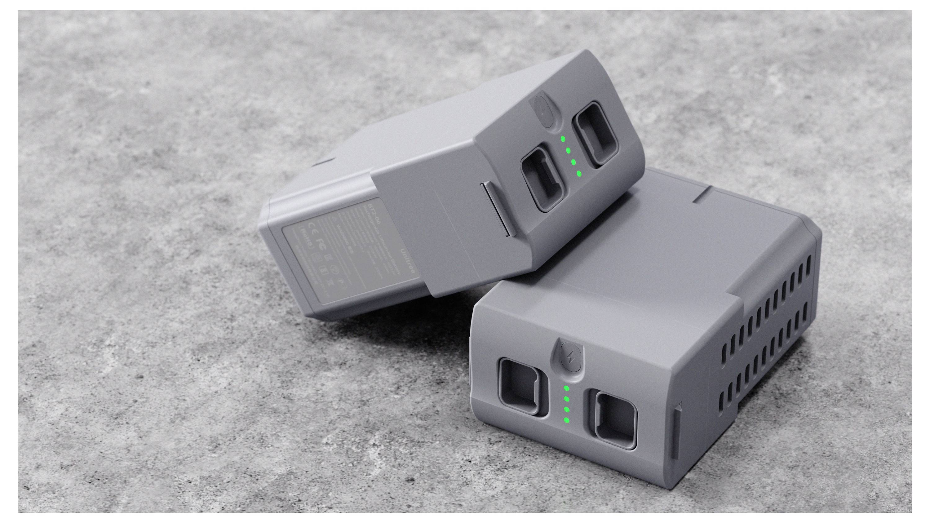 Zwei graue wiederaufladbare Batteriepackungen liegen auf einer Betonoberfläche, jede mit Ladeanschlüssen und kleinen grünen Anzeigelichtern.