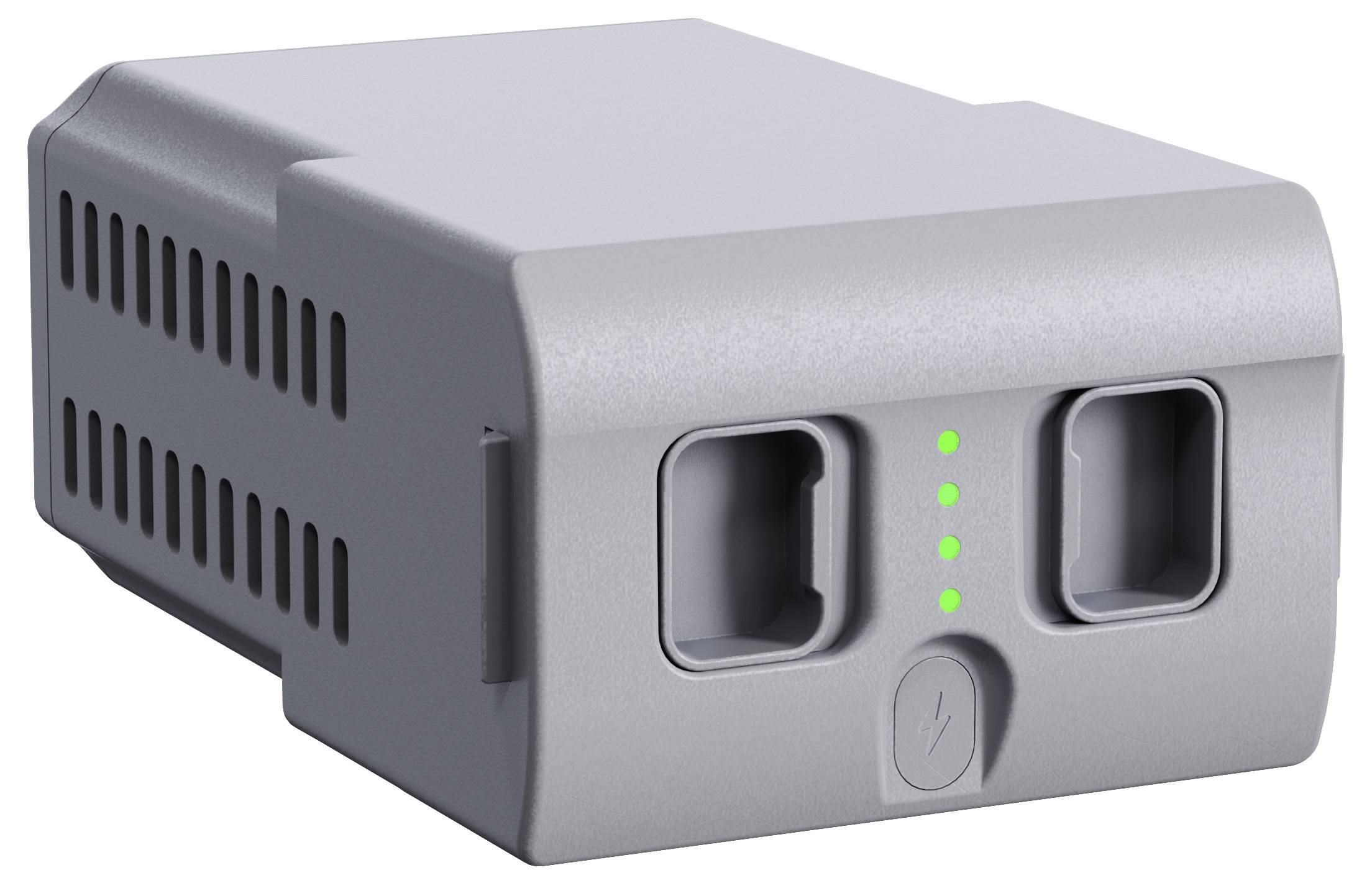 Graues Batteriepaket mit zwei vorderen Steckplätzen, vier grünen Anzeigelichtern und einem Netzschalter auf der Frontplatte.