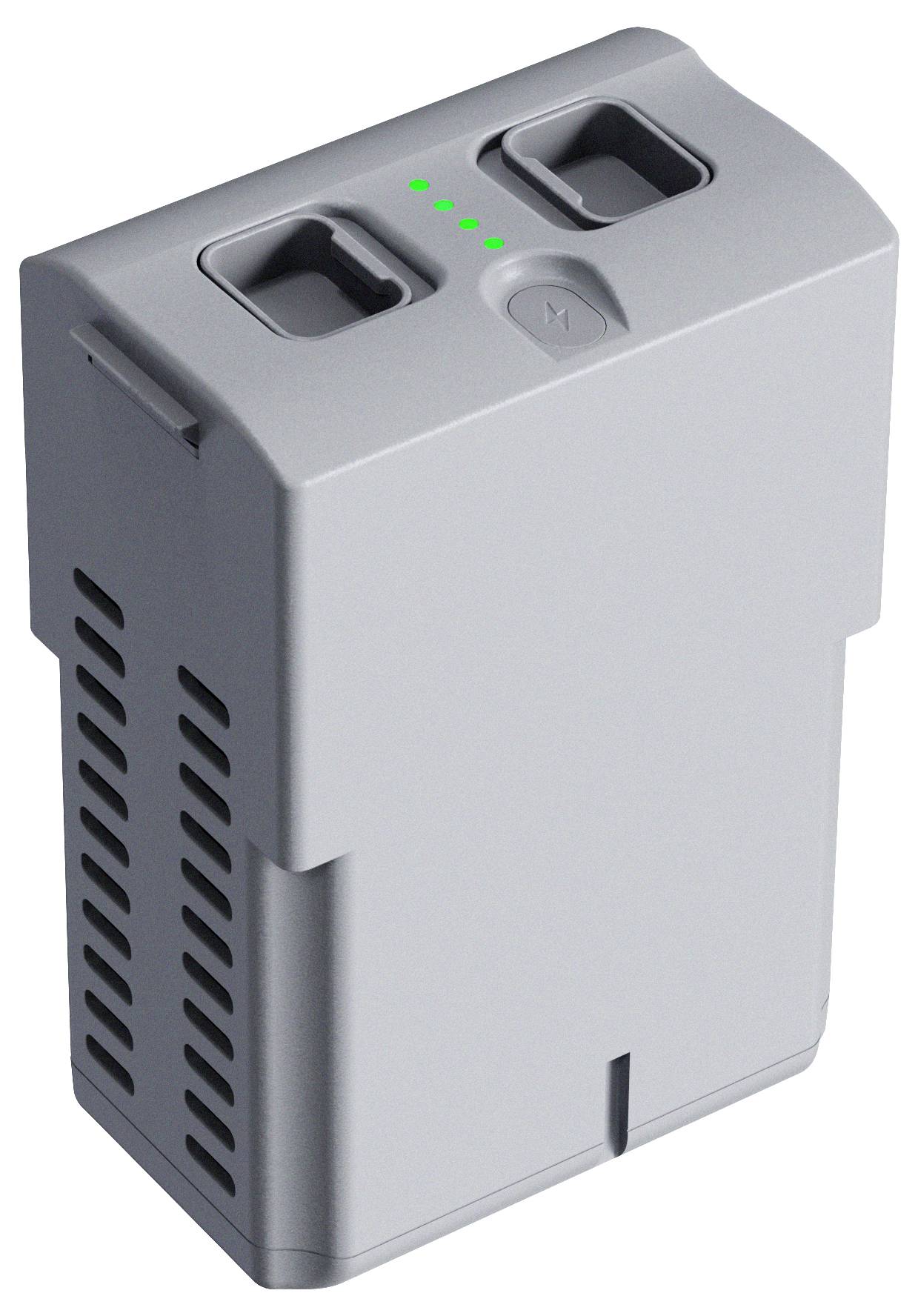Grauer wiederaufladbarer Batteriepack mit zwei Steckverbindungen, einem runden Ein-/Ausschalter und vier grünen Ladeanzeigeleuchten.