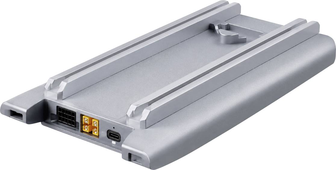 Silbernes rechteckiges Batteriepaket mit USB-C-Anschluss und vier orangefarbenen Steckverbindern an einem Ende
