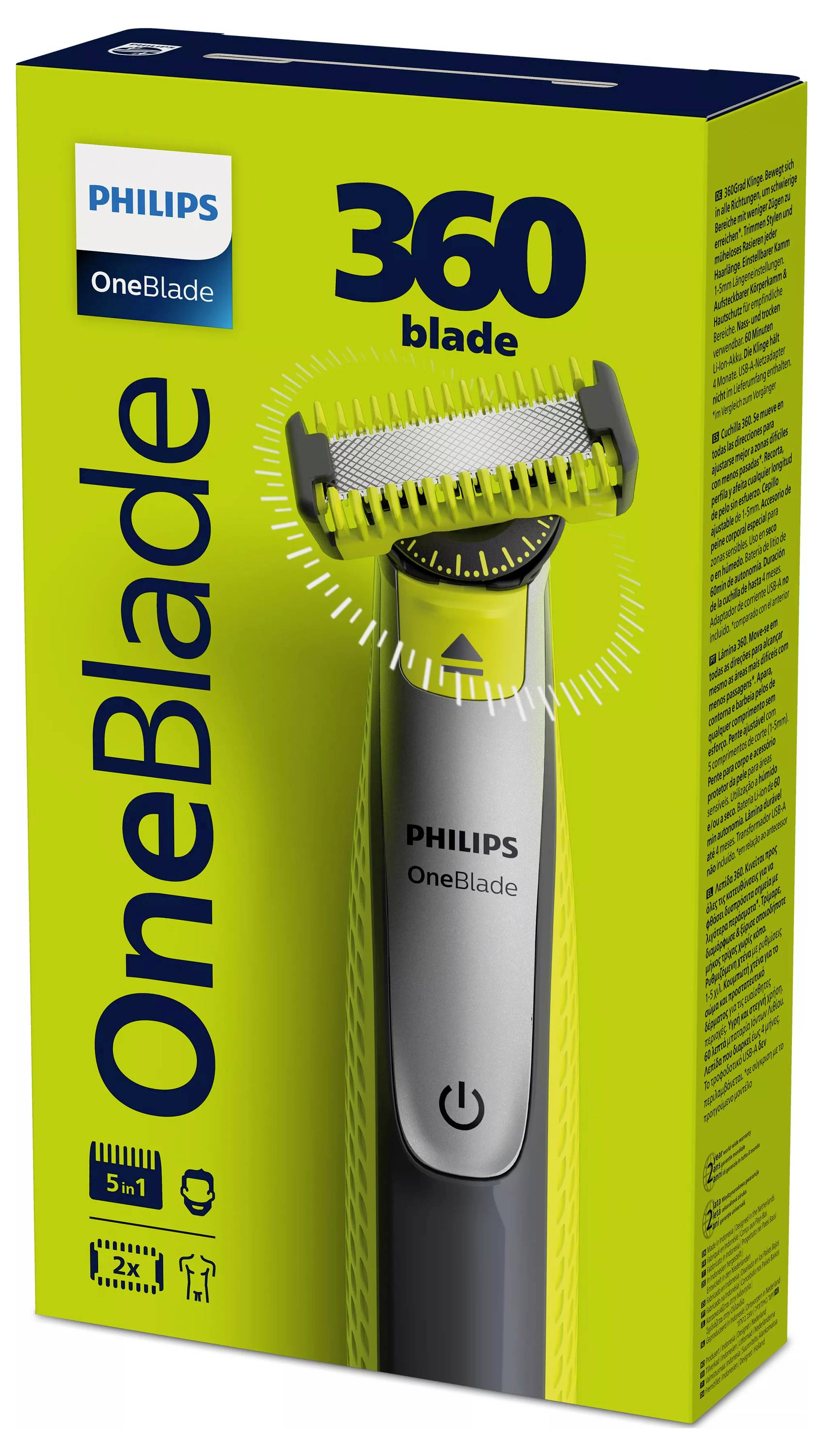 Philips OneBlade 360 Elektrotrimmer Verpackung, zeigt den Rasierer mit „360 blade