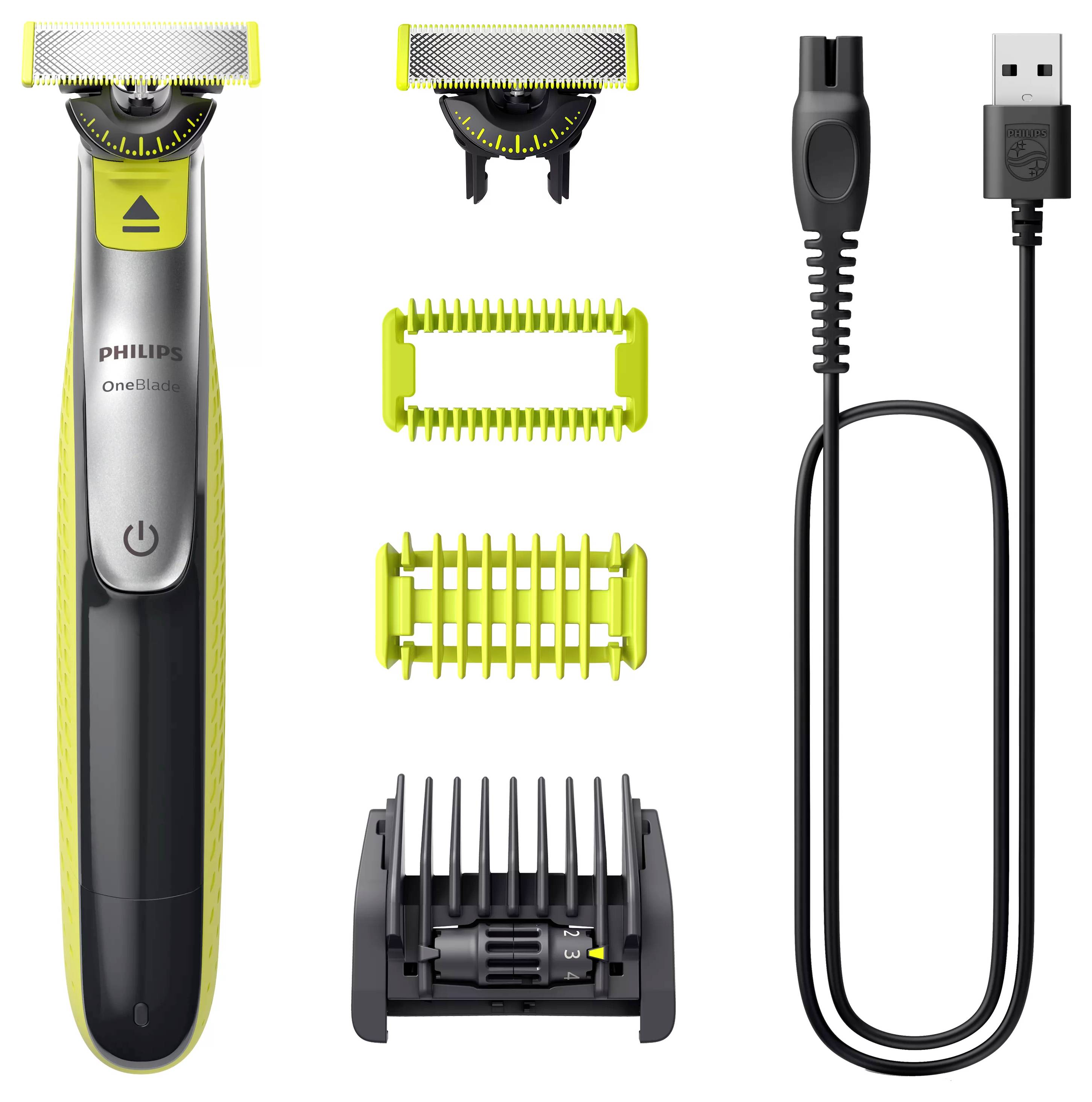 Philips OneBlade Trimmer mit zwei Klingenschutzvorrichtungen, einem Kammaufsatz und einem USB-Ladekabel.