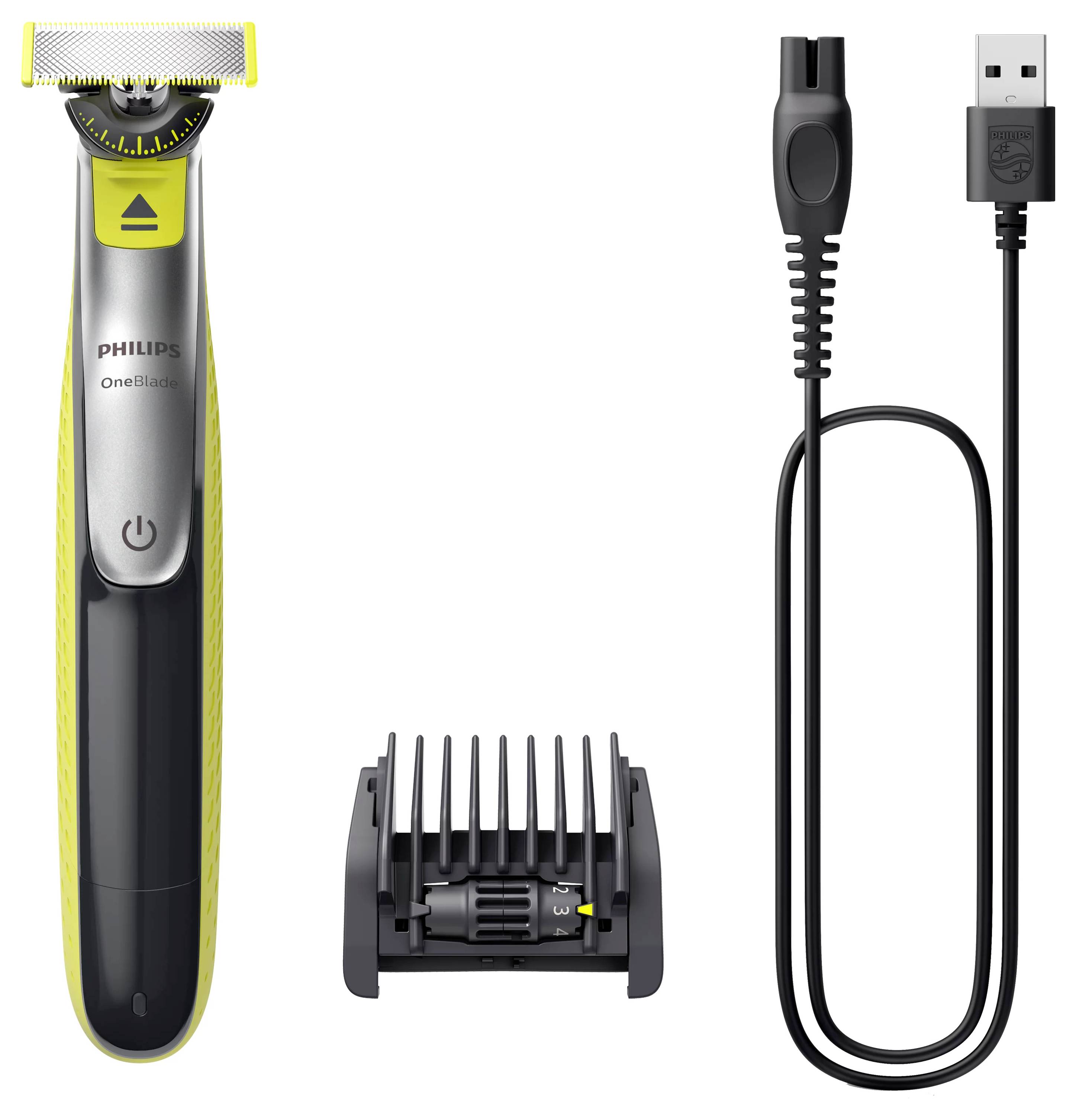 Philips OneBlade Trimmer mit Kammaufsatz und USB-Ladekabel auf weißem Hintergrund abgebildet.