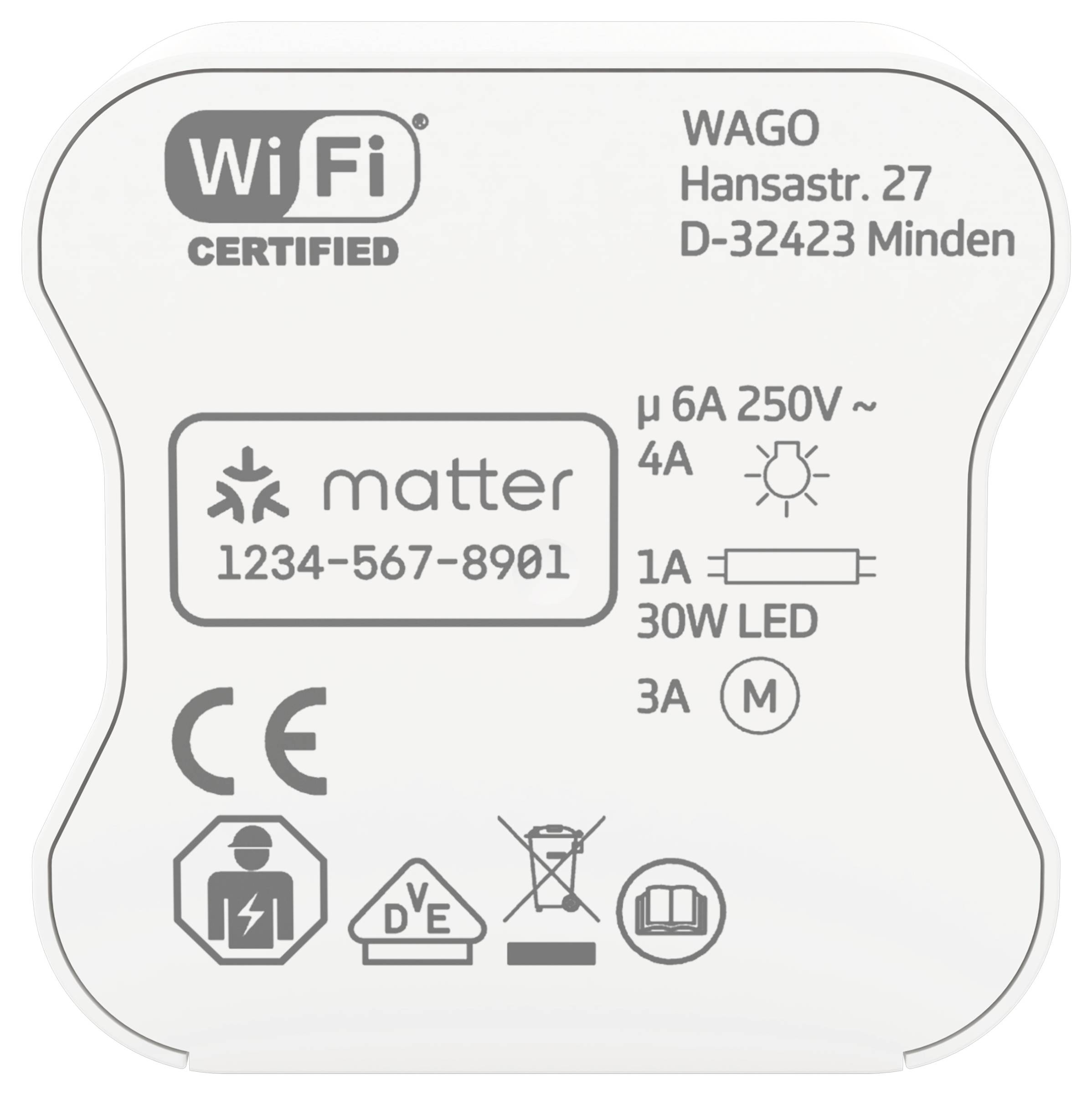 Wi-Fi zertifiziertes WAGO-Gerätelabel mit Matter-Unterstützung, Modell 1234-567-8901, CE- und Sicherheitssymbole sowie elektrische Nennwerte.