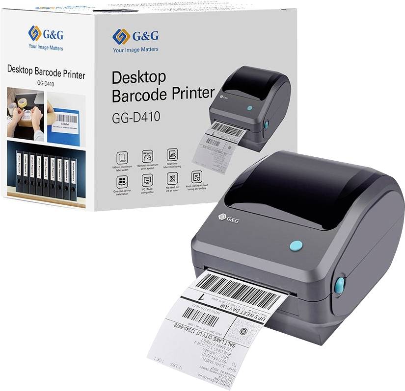 G&G Desktop-Barcode-Drucker GG-D410 abgebildet mit gedruckten Barcode-Etiketten und Einzelhandelsverpackung.