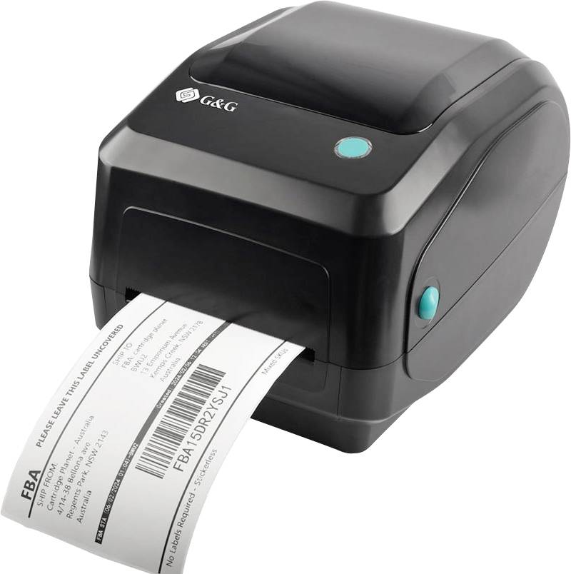 Schwarzer Desktop-Thermaldrucker für Etiketten beim Drucken eines Versandetiketts mit G&G-Logo und petrolfarbenen Tasten.